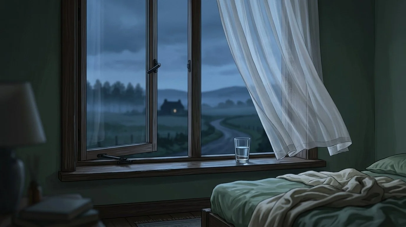 Fenêtre de chambre entrouverte la nuit, rideau léger soulevé par l'air frais, lumière bleutée de l'aube