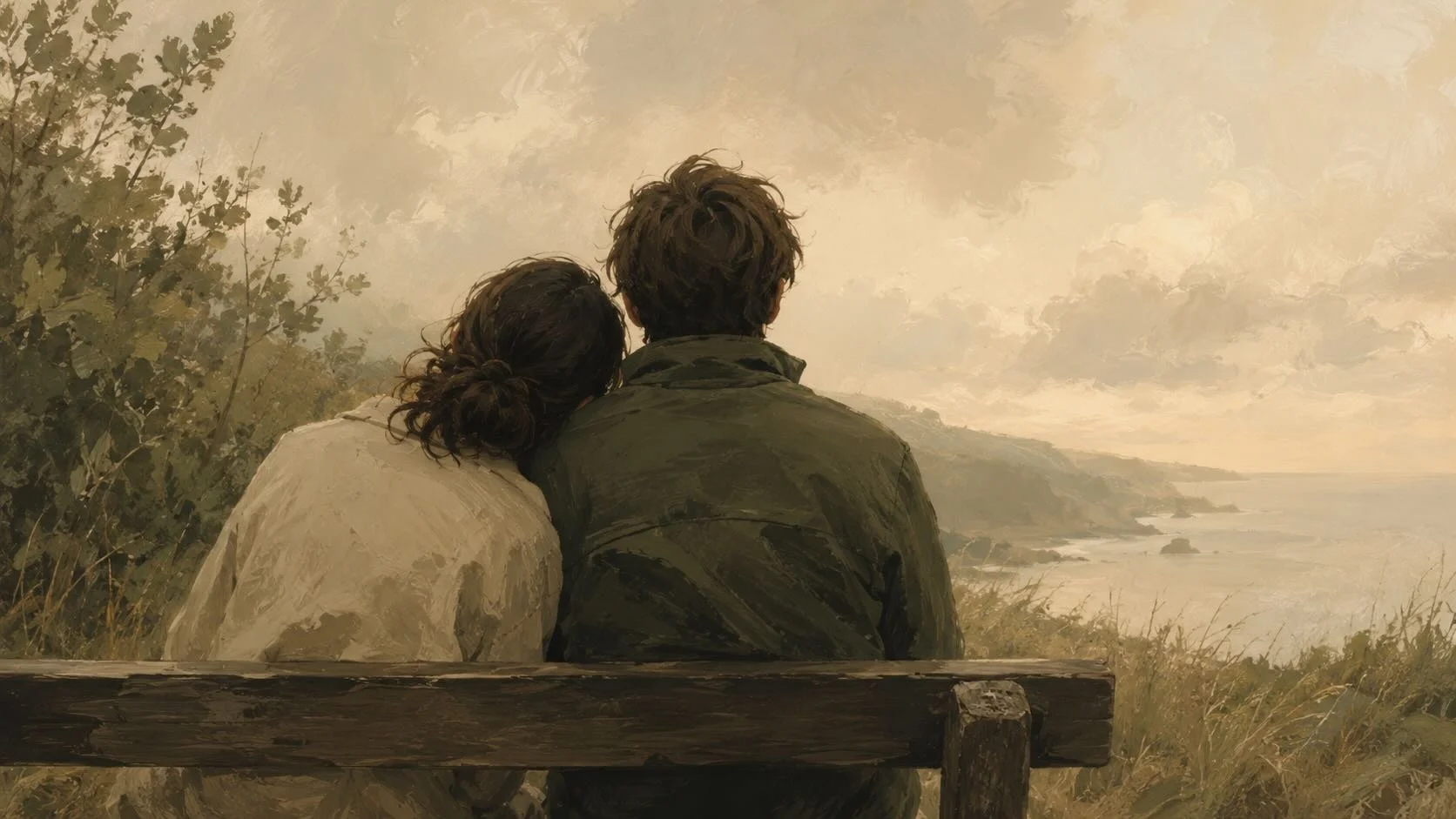Illustration de deux personnes sur un banc, l'une cherchant la proximité pendant que l'autre regarde au loin, évoquant l'attachement anxieux et la peur de l'abandon dans les relations.