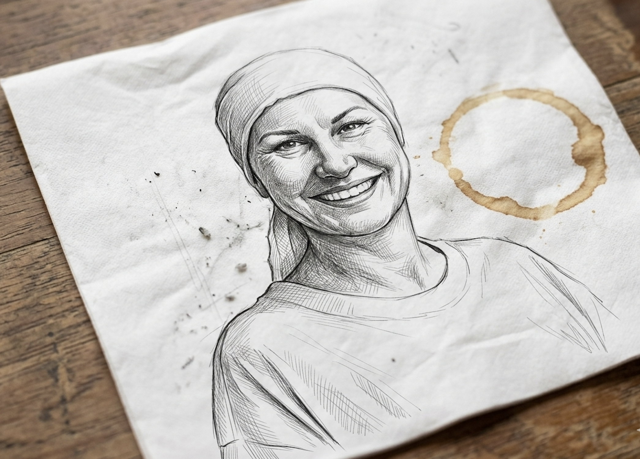 Illustration au crayon d'une femme souriante portant un bandeau, symbole de résilience durant et après le cancer