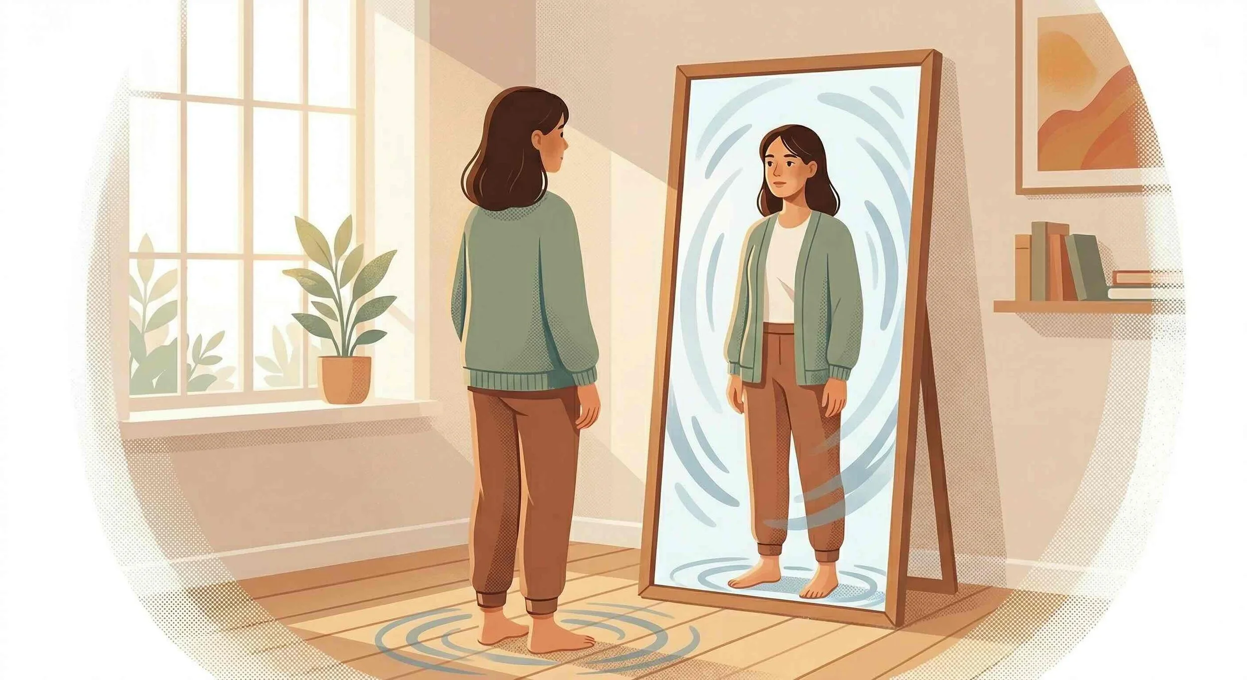 Personne face à un miroir dont le reflet apparaît plus assuré, illustration pour un article sur comment retrouver confiance en soi avec des exercices de thérapeute