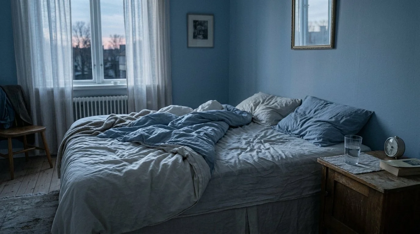 Chambre à l’aube, lit défait et lumière bleutée filtrant par la fenêtre, évoquant une nuit agitée