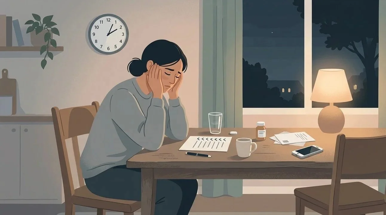Illustration d'une personne en situation d'épuisement, assise dans une position de fatigue, représentant le fardeau émotionnel et physique du rôle d'aidant