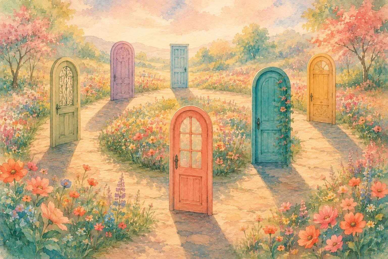 Illustration de plusieurs portes différentes projetant la même ombre, symbolisant les schémas amoureux répétitifs et le sentiment de toujours rencontrer le même type de partenaire.