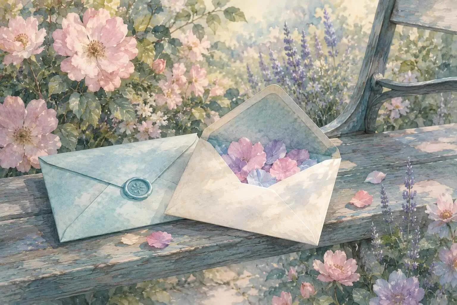 Illustration éditoriale de deux enveloppes posées sur un banc dans un jardin fleuri, l'une ouverte laissant apparaître des pétales de fleurs, l'autre fermée, symbolisant la difficulté à exprimer ses besoins émotionnels dans une relation.