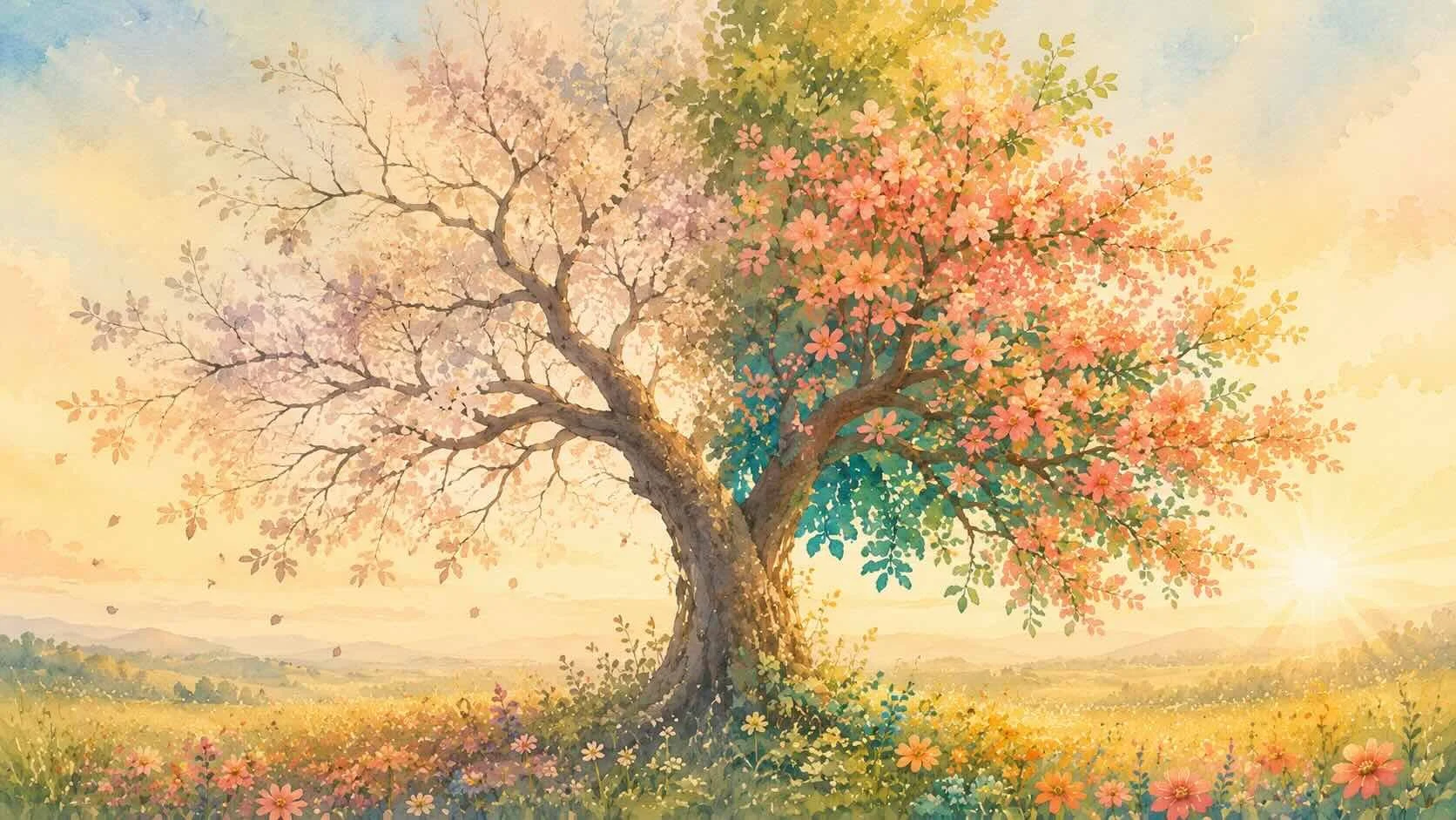 Illustration d'un arbre aux branches anciennes et nouvelles, symbolisant la transformation, la résilience et l'identité après un cancer.