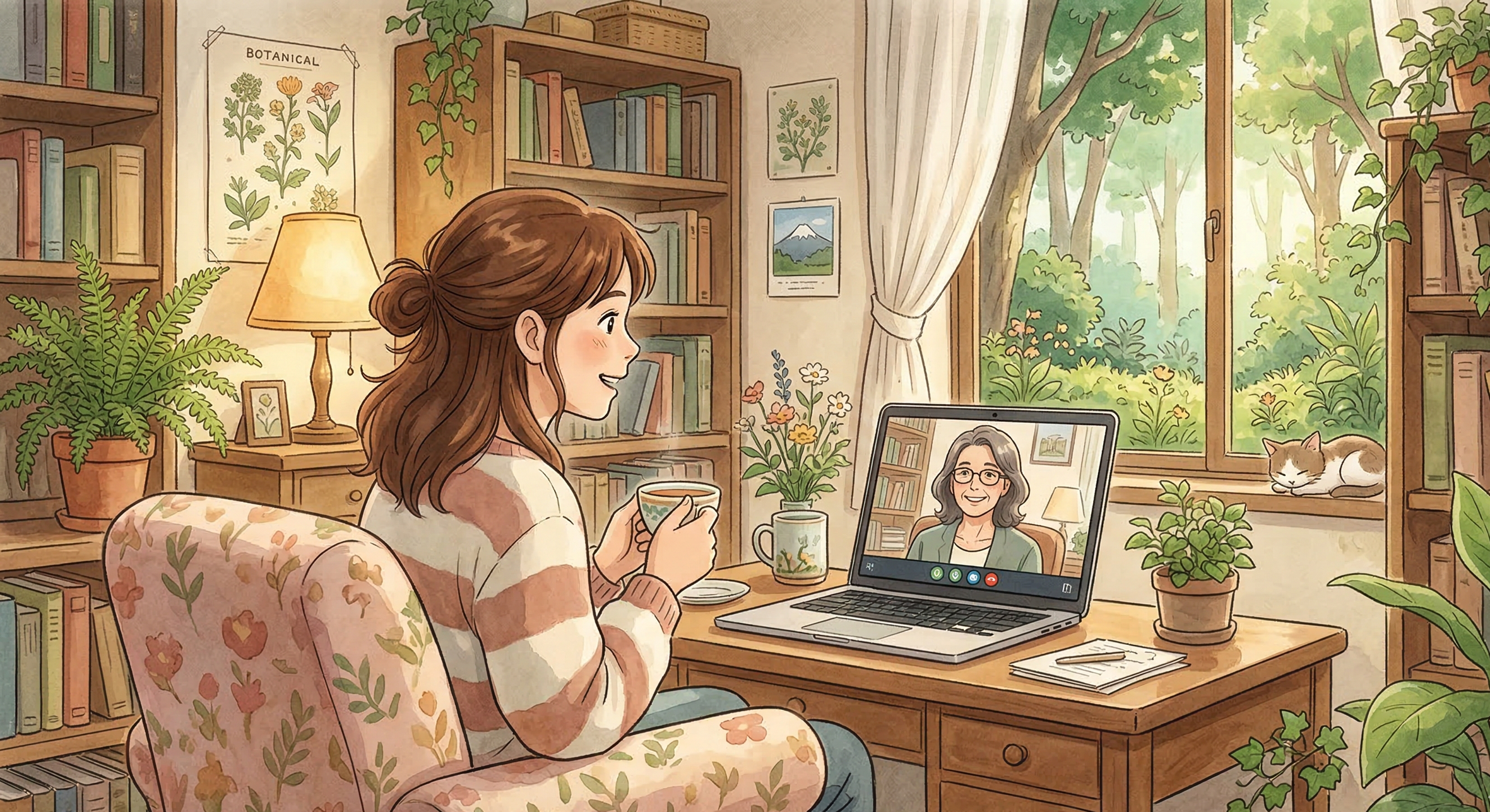 Femme en séance de psychothérapie en ligne depuis chez elle, tenant une tasse de thé et parlant avec sa psychologue via ordinateur portable