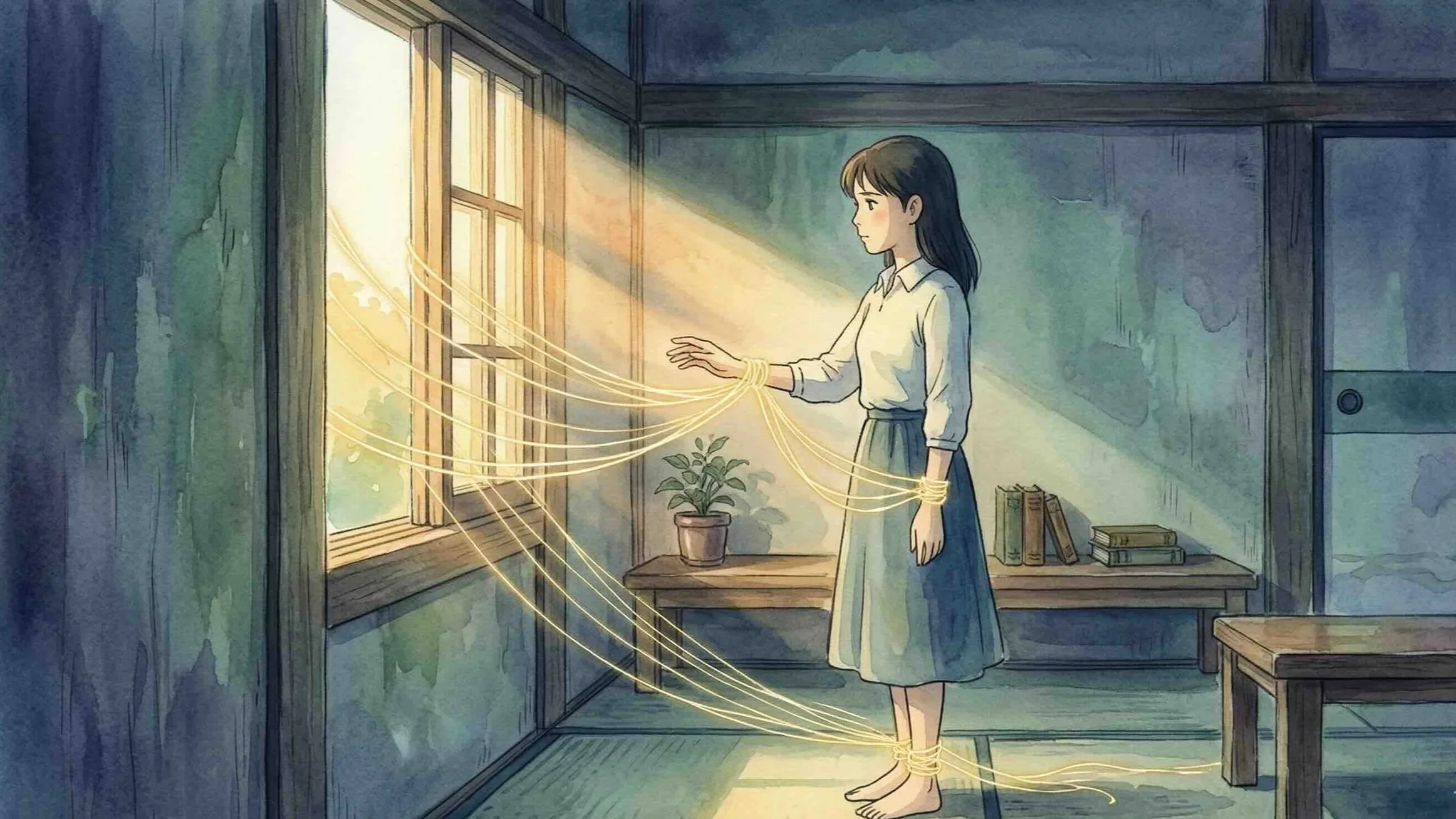 Illustration style Studio Ghibli d'une femme entourée de fils de lumière symbolisant les liens d'une relation toxique, tendant la main vers une fenêtre ouverte