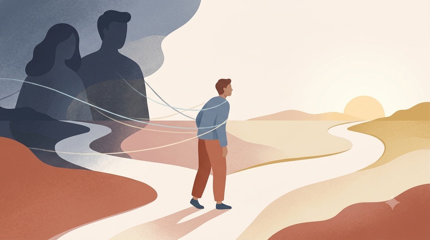 Illustration représentant un adulte partagé entre son propre chemin de vie et le besoin de répondre aux attentes de ses parents.