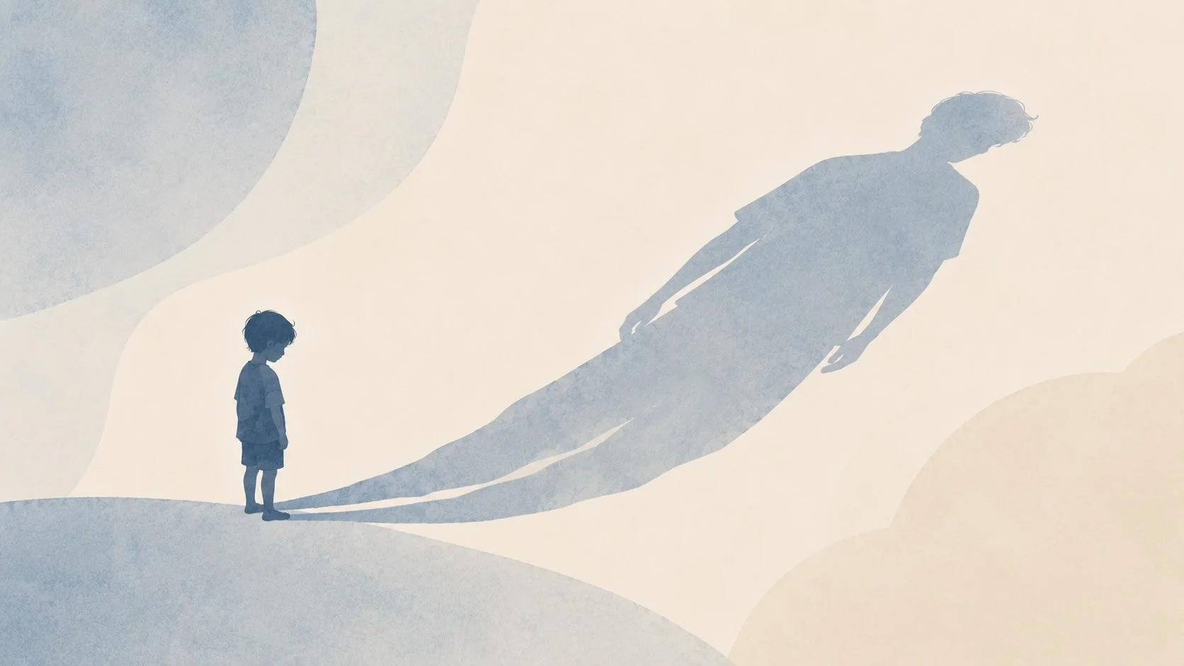 Illustration d'un enfant projetant une grande ombre d'adulte, symbolisant l'empreinte d'un parent narcissique à l'âge adulte