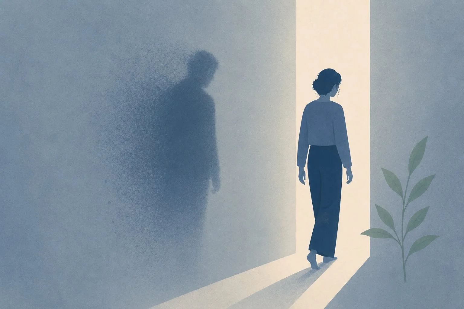 Illustration vectorielle mélancolique d'une femme franchissant seule un seuil lumineux, laissant derrière elle une silhouette floue