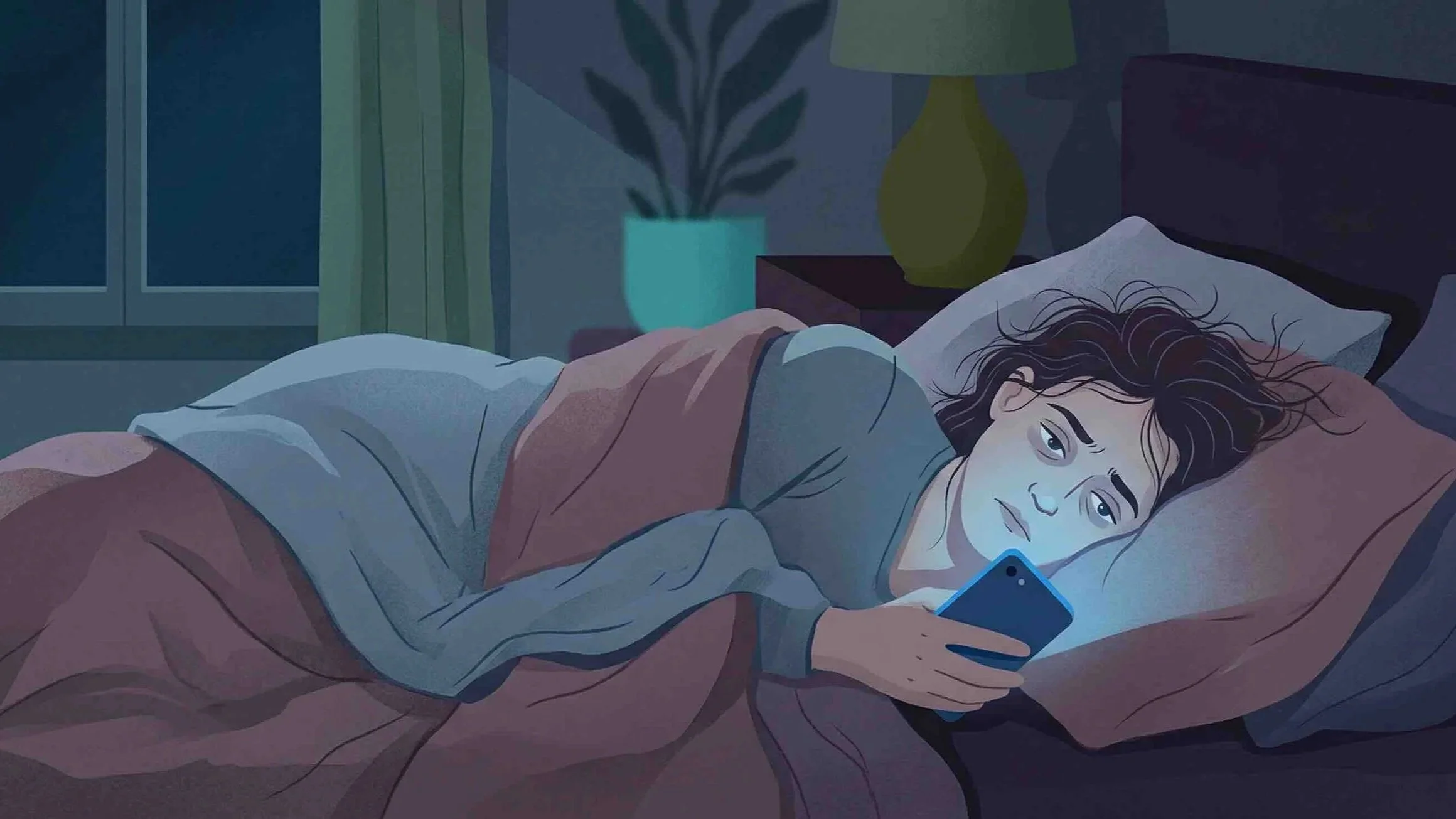 emme allongée dans un lit sombre, visage éclairé par la lumière bleue d'un smartphone, expression d'anxiété et d'épuisement - illustration pour un article sur le doomscrolling