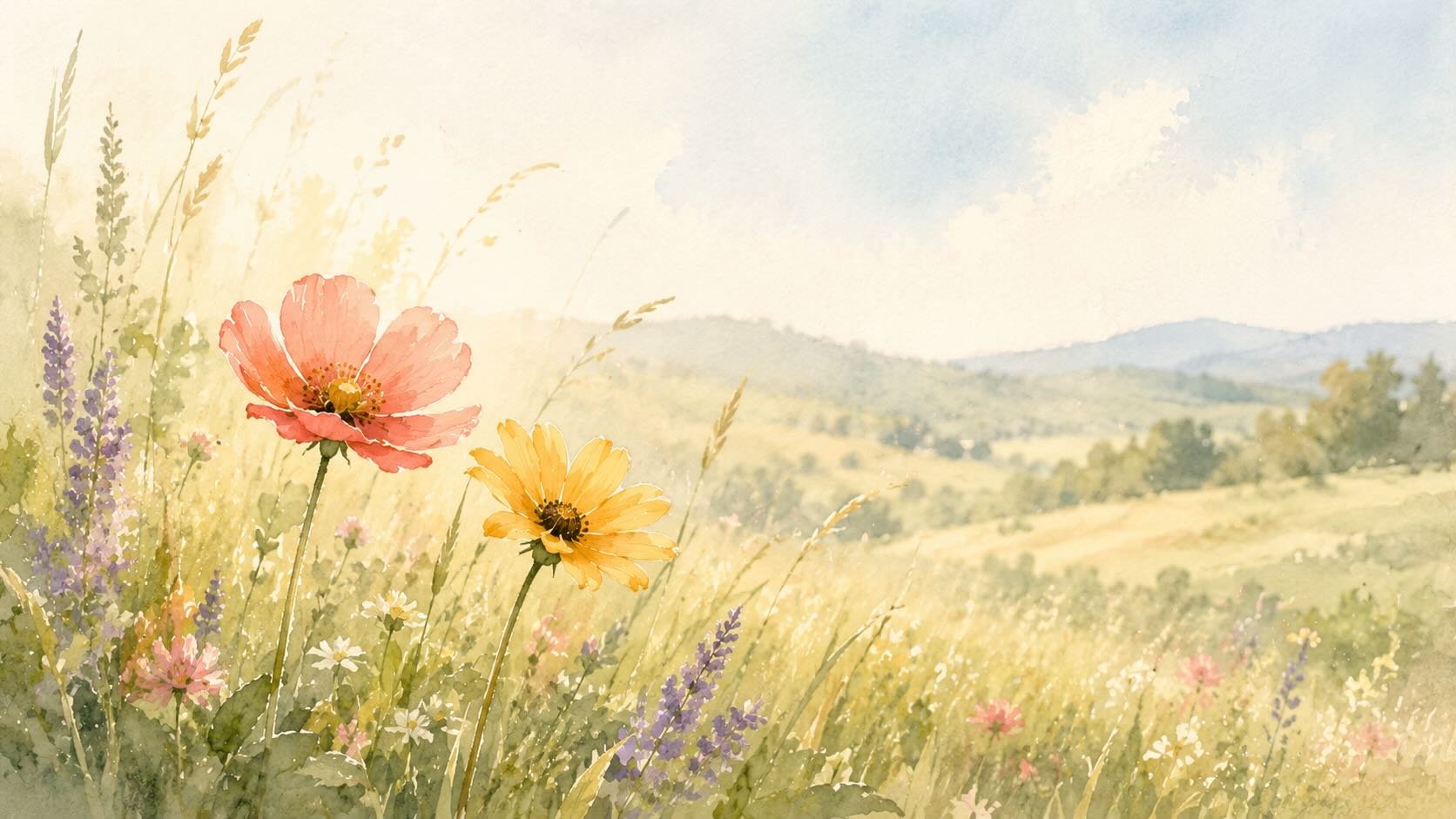 Illustration éditoriale d'un pré printanier avec deux fleurs sauvages qui s'épanouissent côte à côte, lumière dorée, couleurs douces, évoquant la reconstruction et l'envie d'aimer à nouveau après une rupture