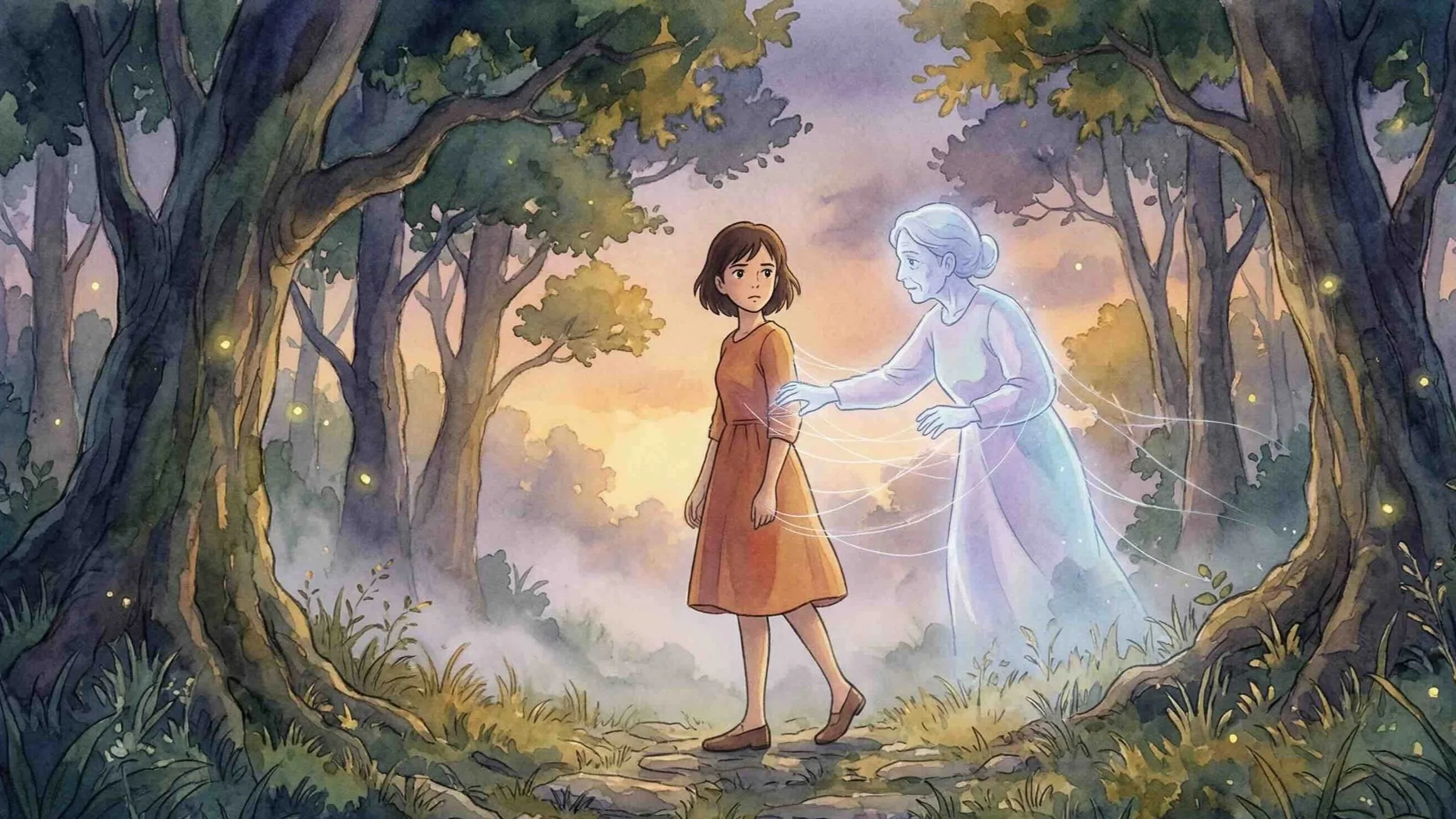 Illustration style Studio Ghibli représentant le lien traumatique mère-fille : une jeune femme marche dans une forêt brumeuse tandis qu'une silhouette translucide maternelle l'entoure de fils de lumière invisibles