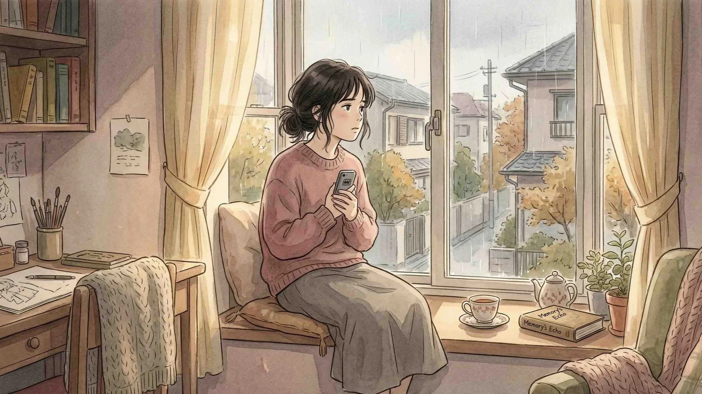 Femme pensive assise près d'une fenêtre tenant son téléphone, illustrant les signes d'un trauma bond dans une relation toxique