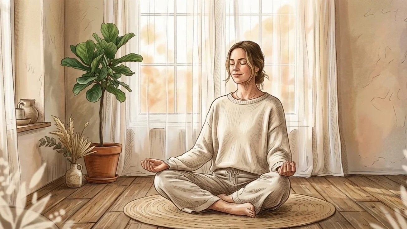 Femme assise en position de méditation près d'une fenêtre lumineuse, dans une atmosphère calme et apaisée, illustrant la régulation du système nerveux naturellement.