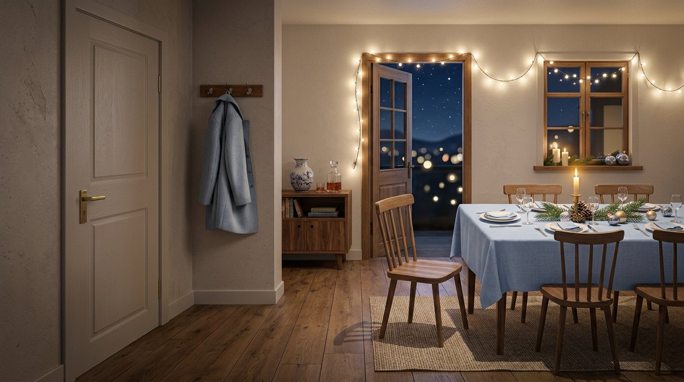 Table de Noël dressée vue depuis l’entrée, une chaise légèrement écartée près de la porte entrouverte, lumière chaude du soir