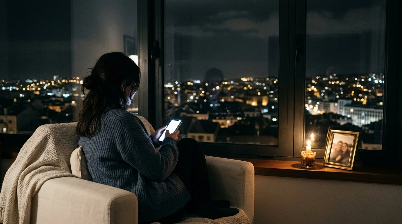 Personne assise près d’une fenêtre la nuit, un téléphone allumé à la main, une bougie posée à côté d’une photo encadrée