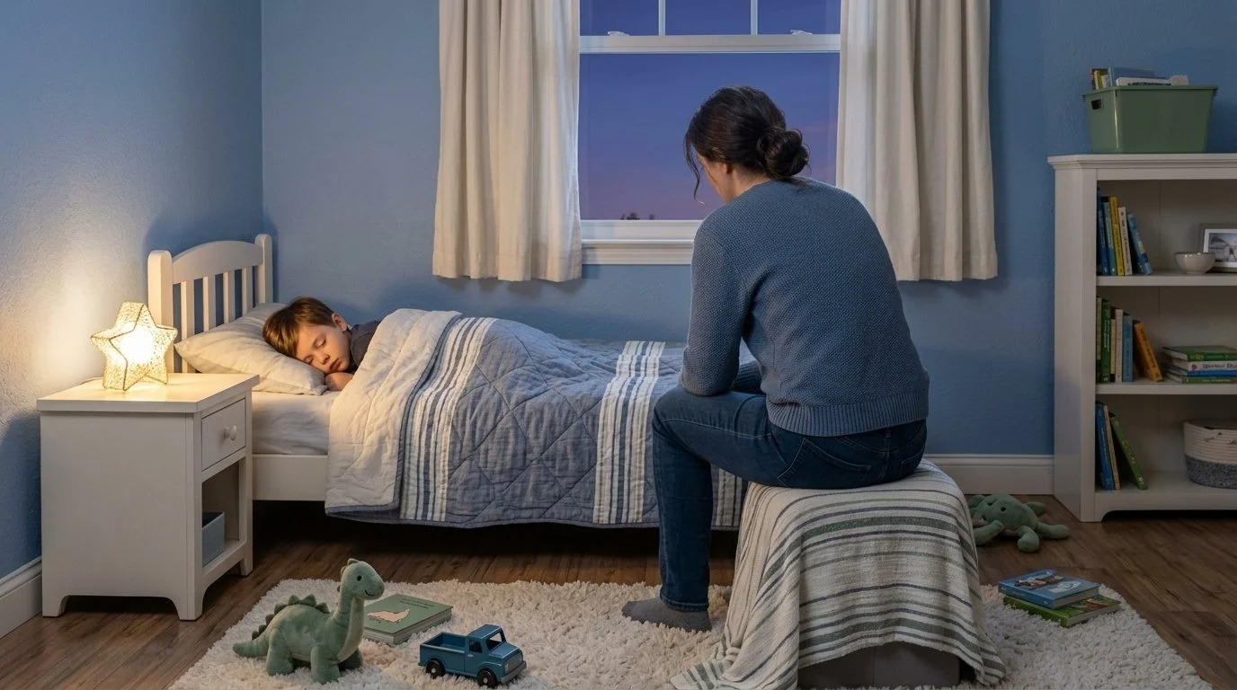 Parent assis au bord d’un lit d’enfant dans la pénombre, fatigué, jouets éparpillés au sol