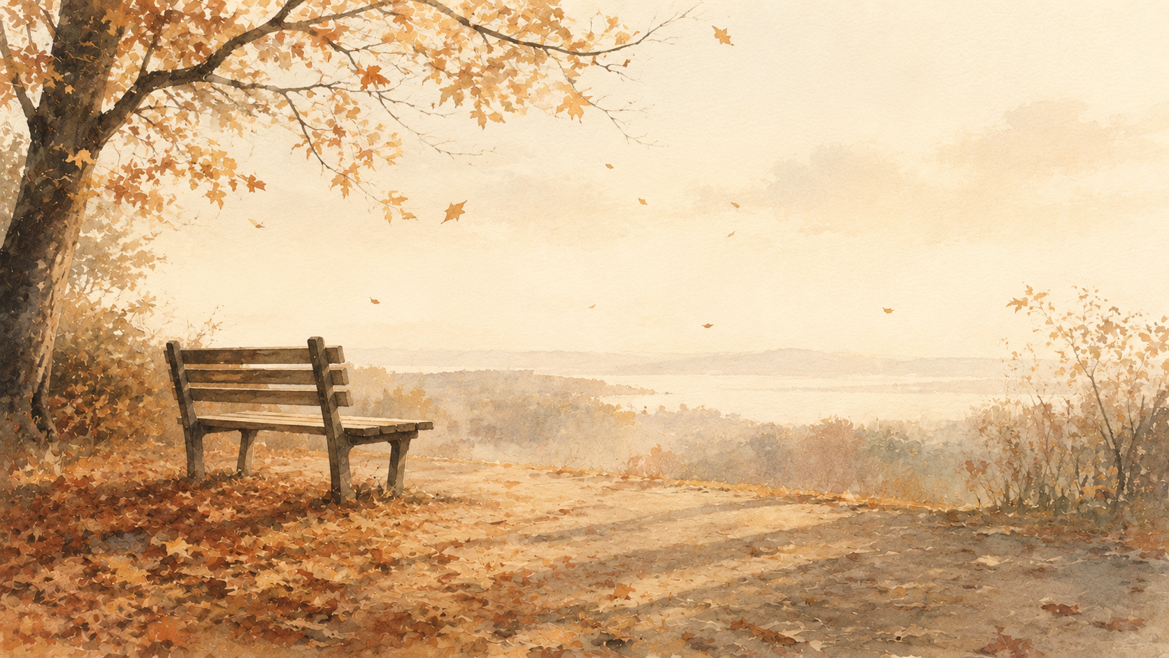 un banc dans un parc automnal, illustration douce évoquant la souffrance persistante après une rupture amoureuse des années plus tard