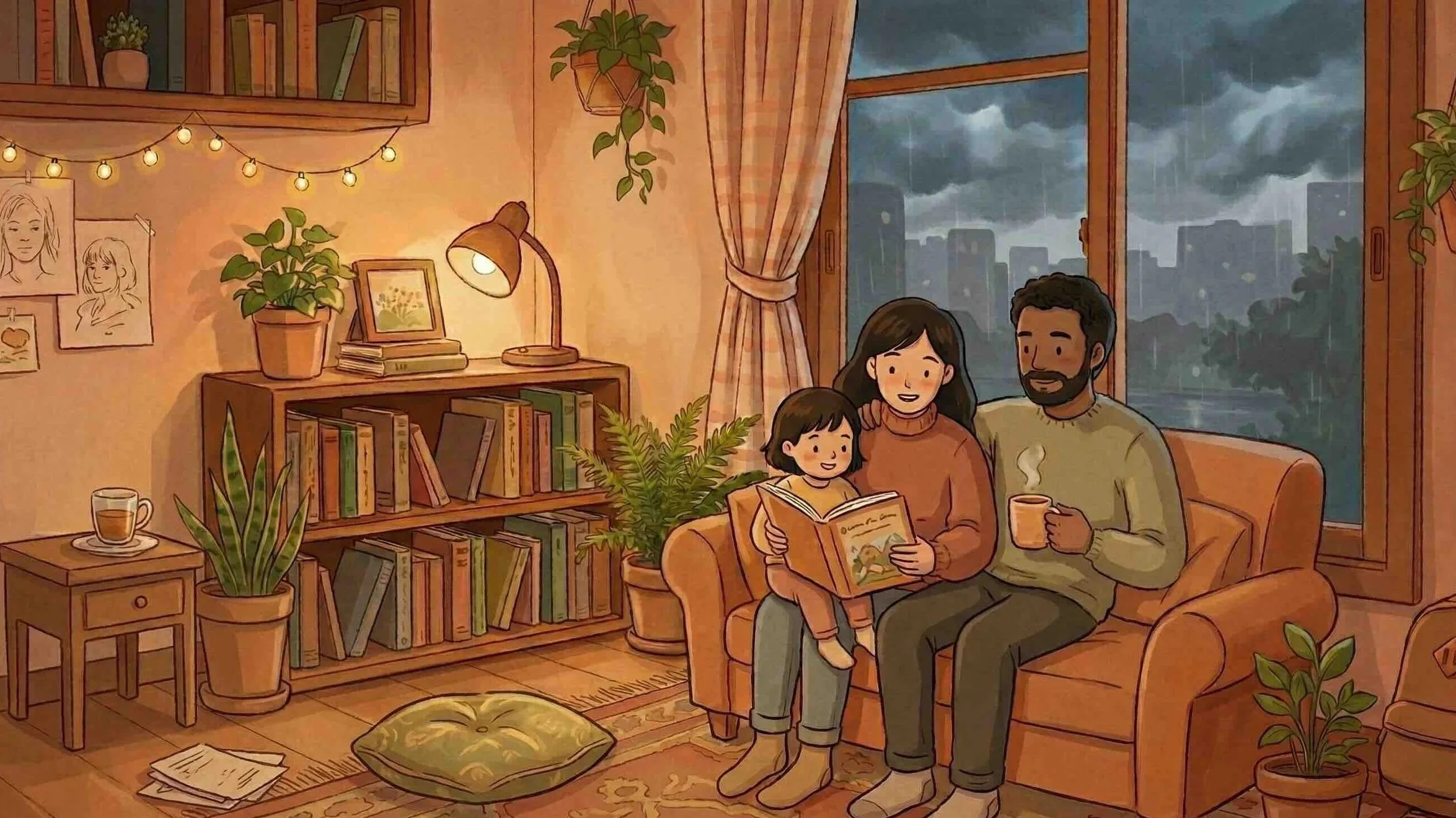 Illustration d'une famille réunie dans un salon chaleureux, parents et enfants détendus ensemble, pendant une soirée apaisée malgré un ciel nuageux visible par la fenêtre.