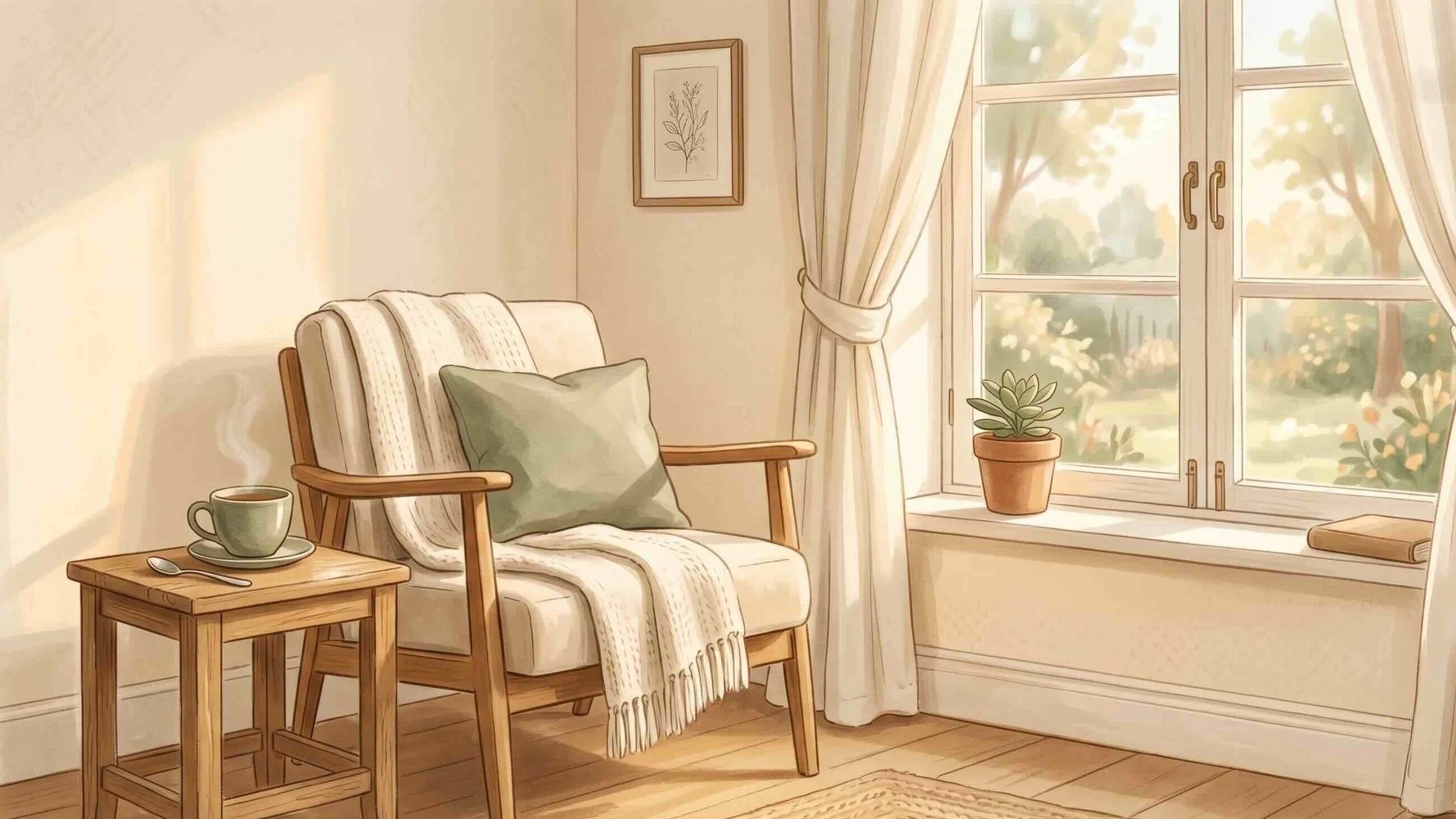 Chaise vide près d'une fenêtre ensoleillée, symbolisant le deuil d'une personne encore vivante