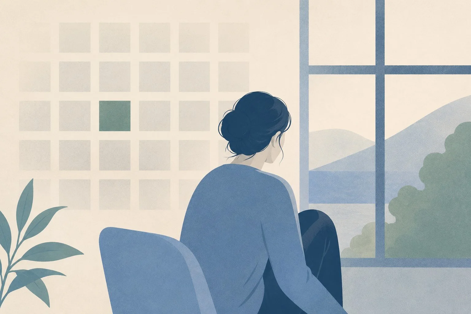 Illustration vectorielle mélancolique d'une femme assise près d'une fenêtre, un calendrier aux cases répétées en arrière-plan