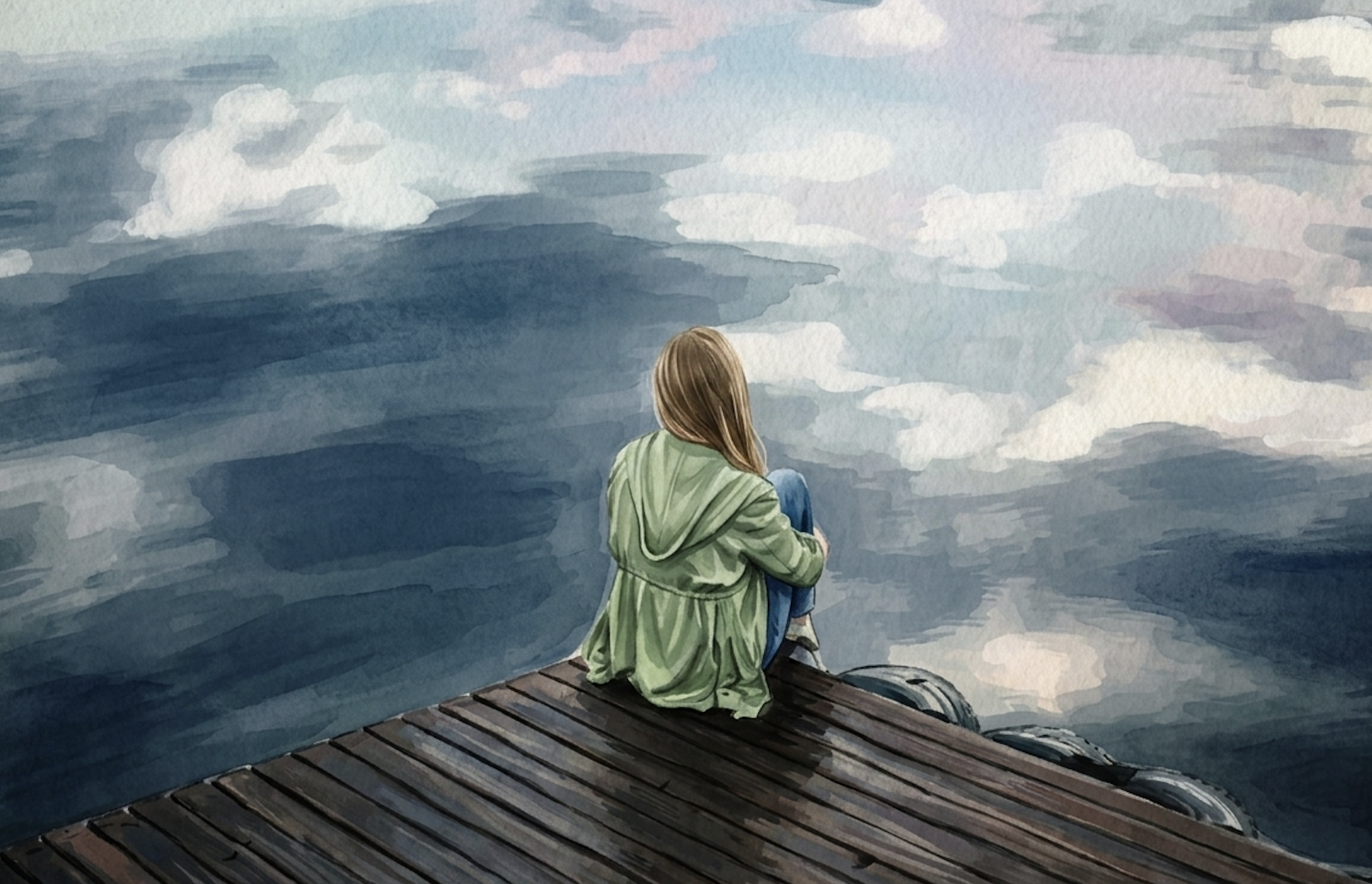 Femme seule assise sur un ponton regardant l'horizon illustrant l'isolement émotionnel du trauma bond