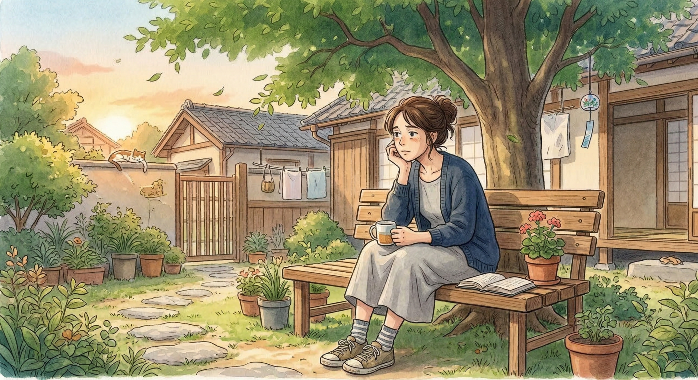 Femme fatiguée assise seule sur un banc dans un jardin, tenant une tasse, illustrant l'épuisement après un cancer