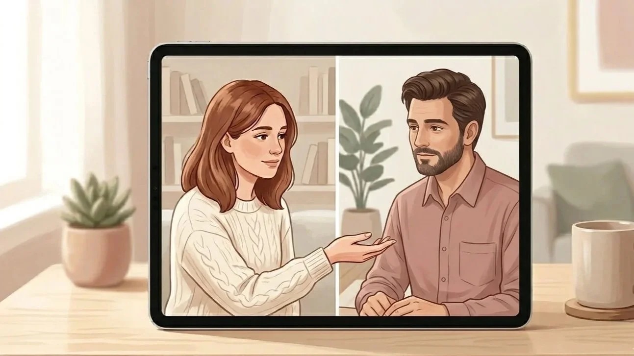 Illustration d'un couple en séance de thérapie en visio, atmosphère douce et apaisée