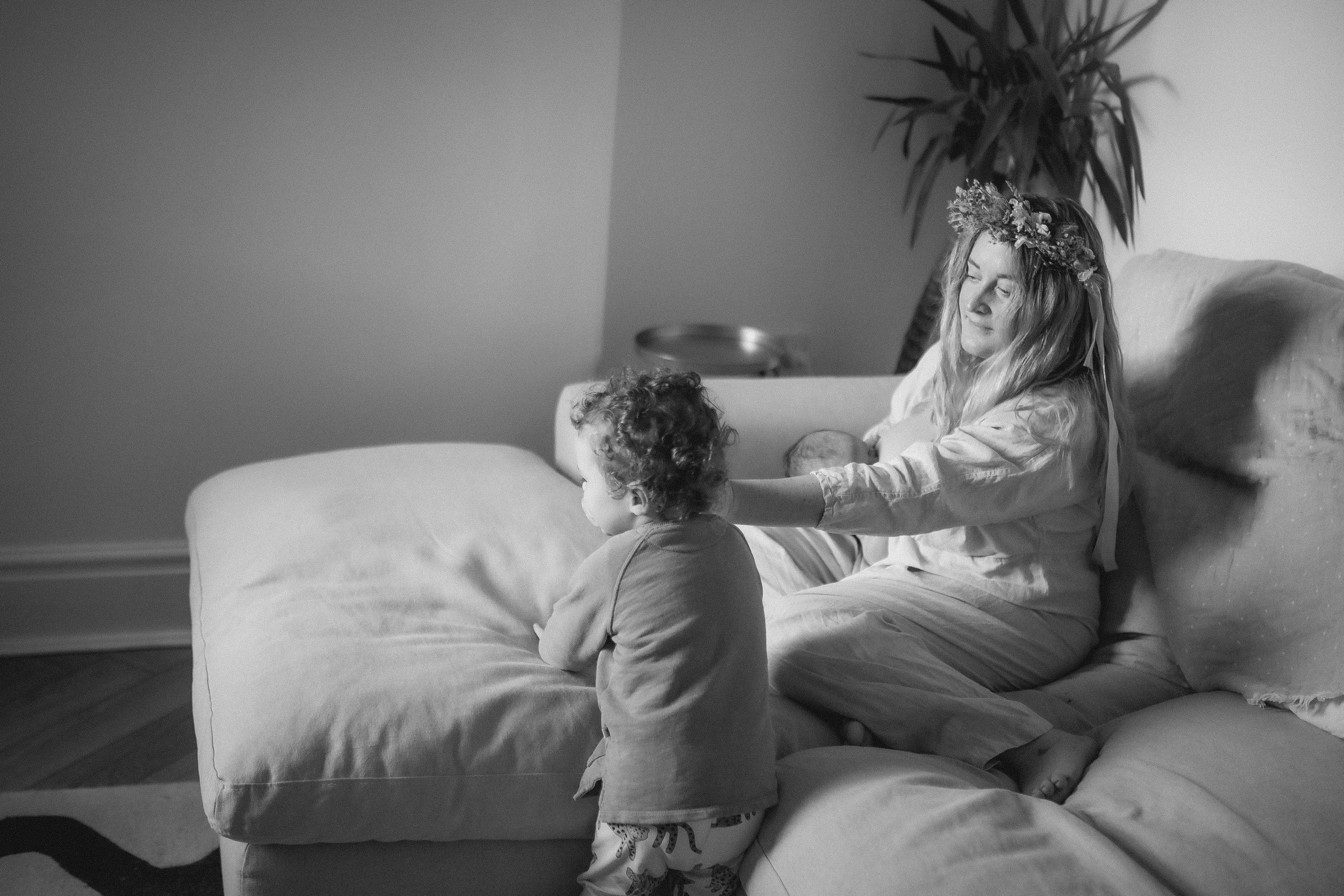 black white image of mother and children
