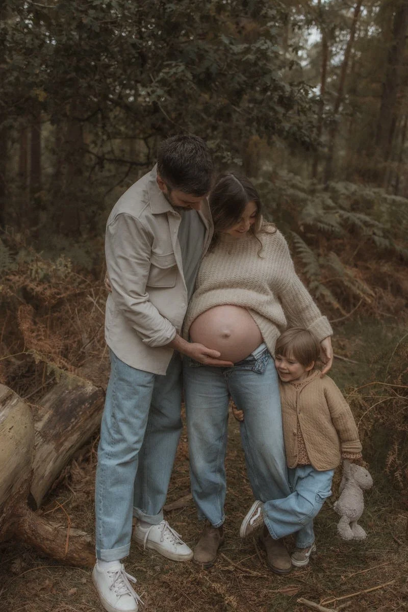 A family of three, including a pregnant woman, a man, and a young girl, standing outdoors in a forested area with autumn-colored foliage. The man is touching the woman's pregnant belly, and they are all smiling.