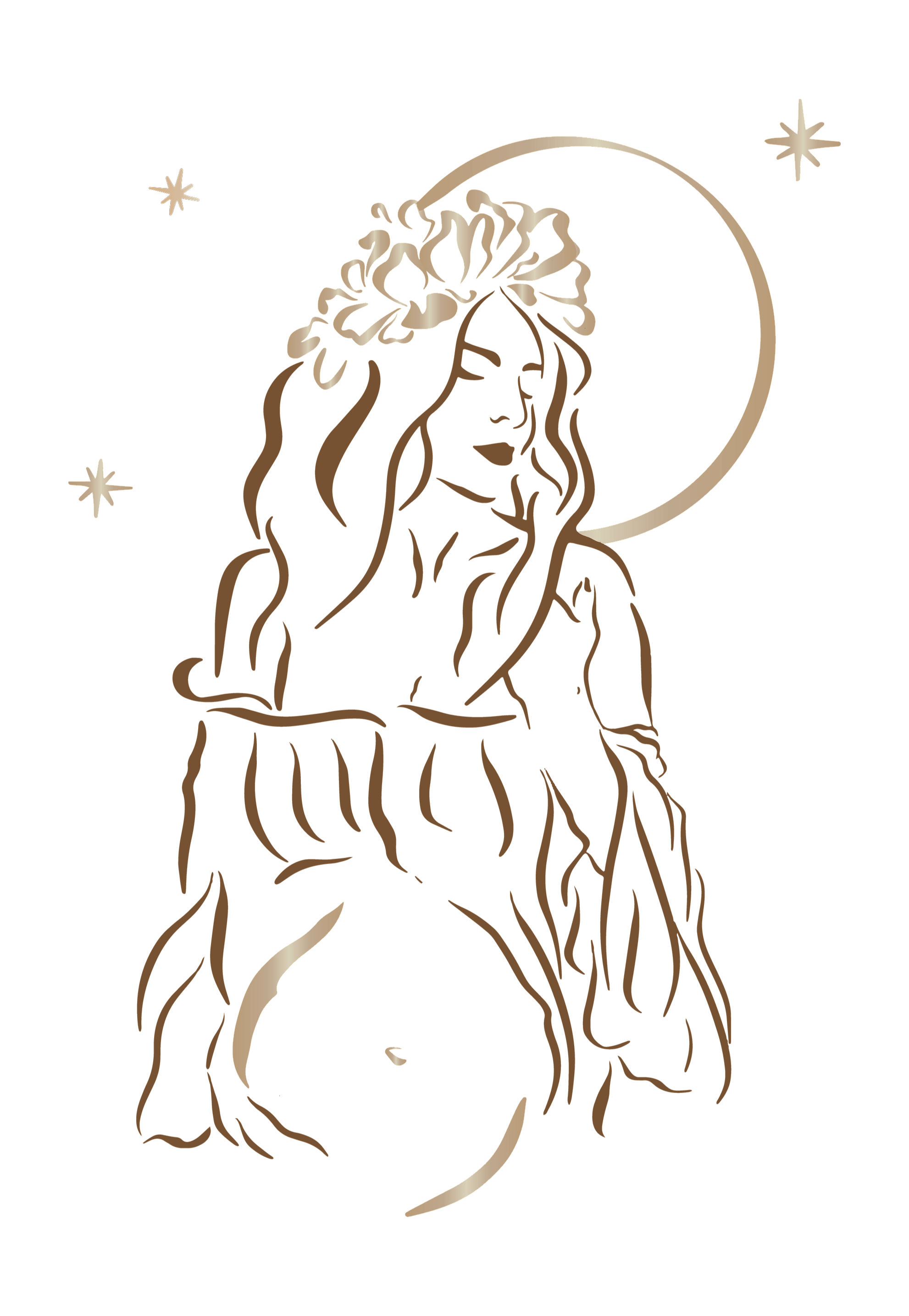 Line drawing of a woman with long hair, head resting on her hand, wearing a flower crown, set against a moon and stars background.