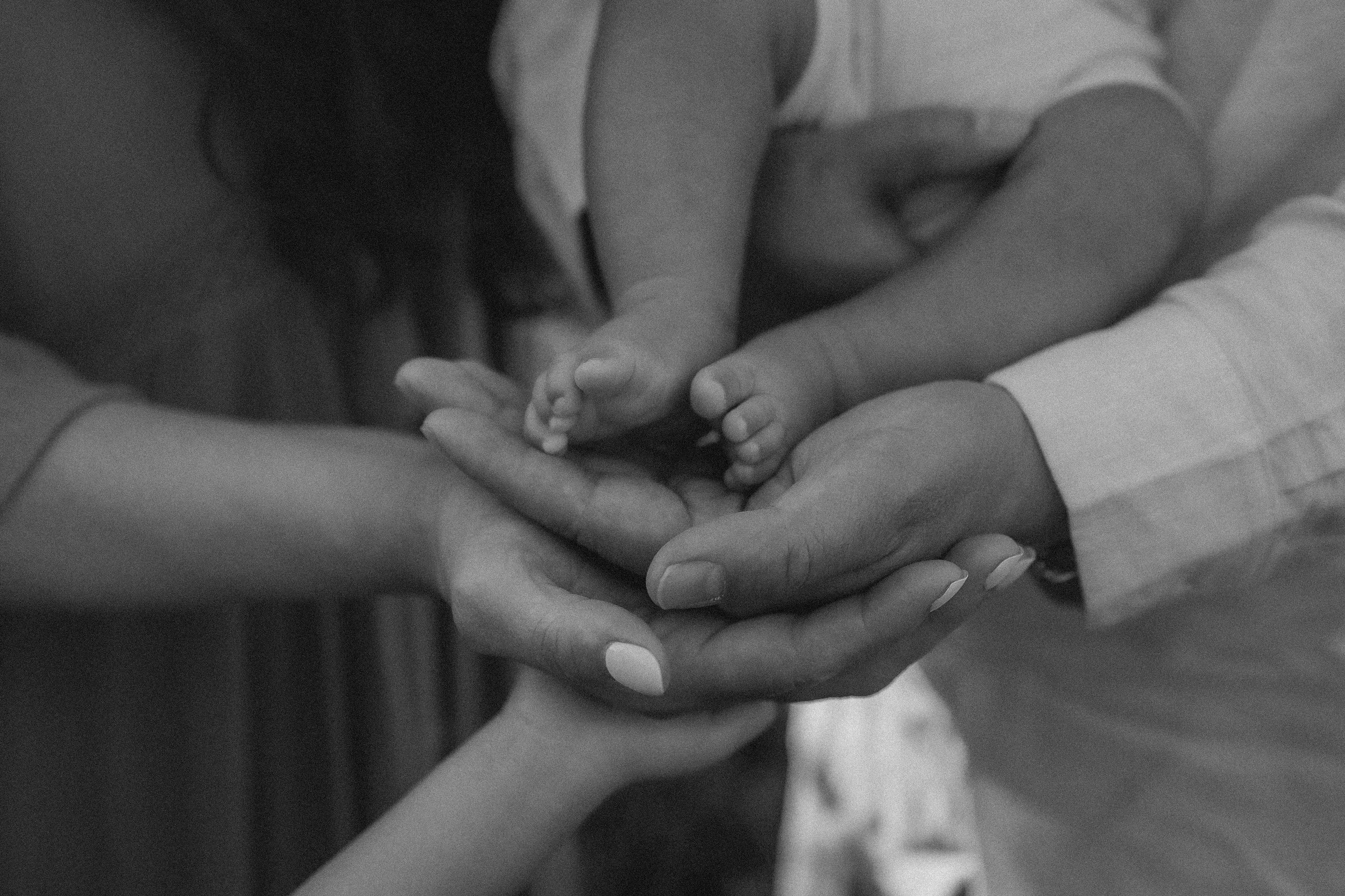 Close-up of a group of people holding a baby's tiny hand gently with their hands, symbolizing care and support.