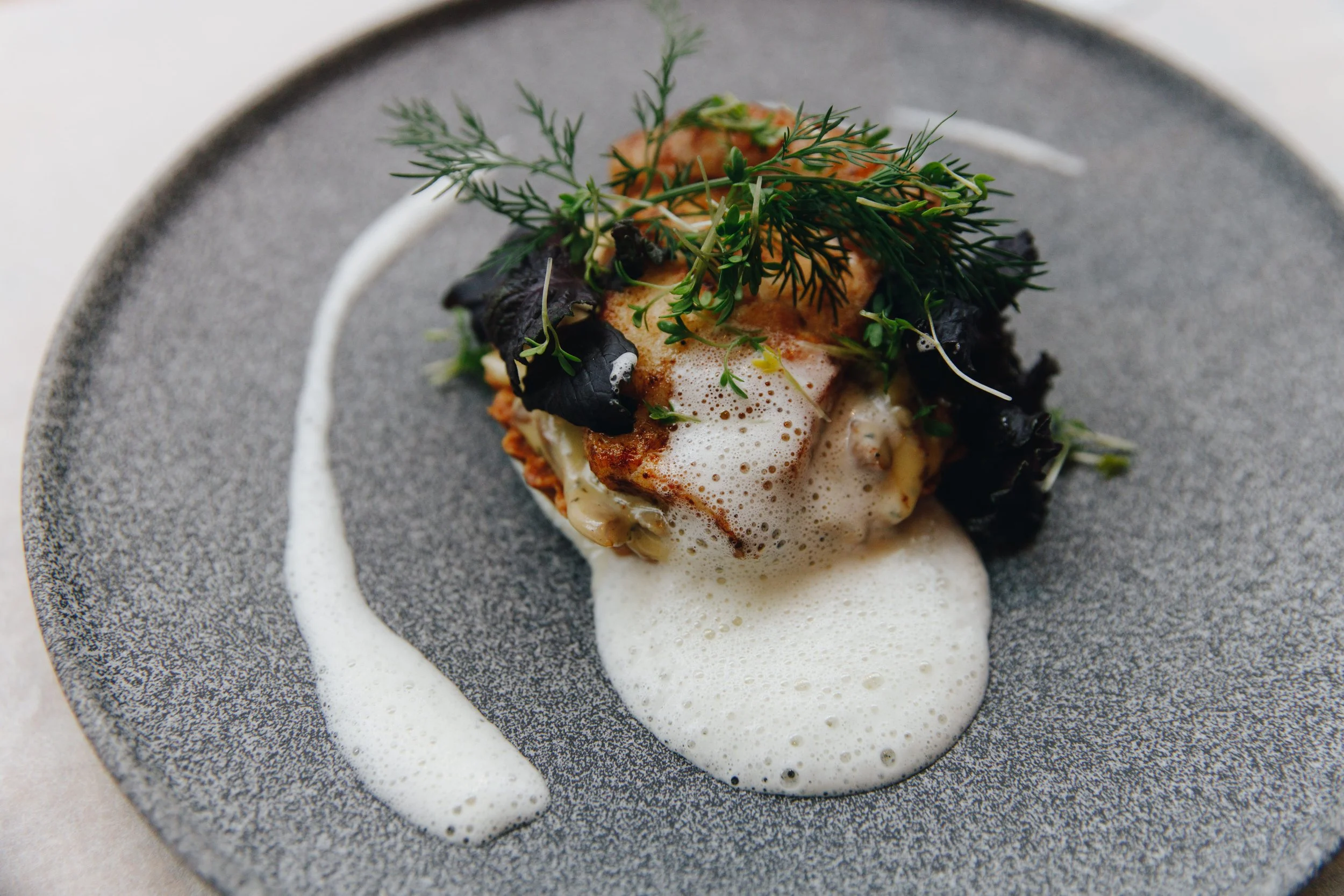 Fish dish with dill, herbs, and a light foam on a gray plate from the kitchen at Allmuen Bistro.