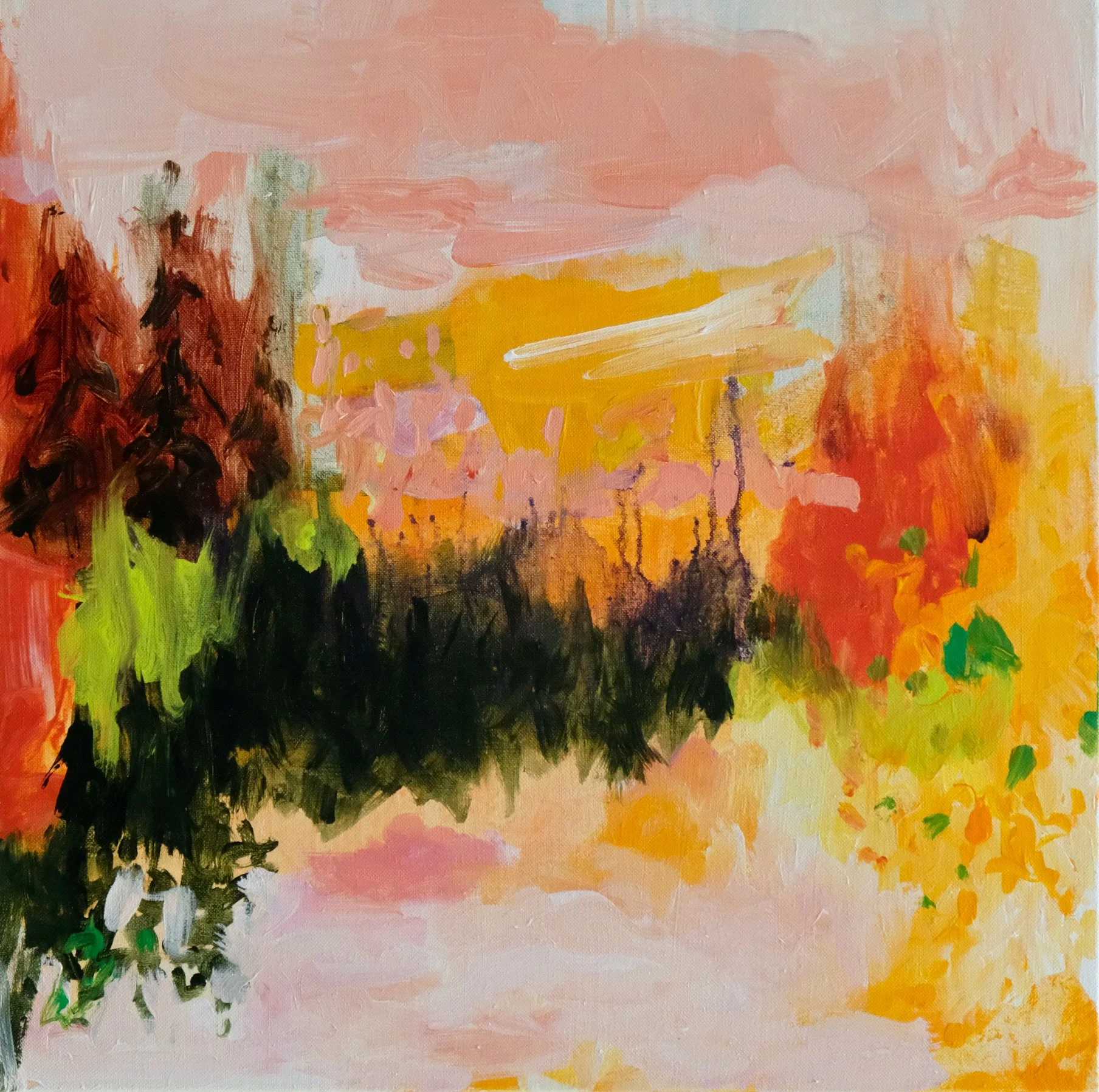Pink Skies, 
Acrylic on Canvas, 2026, 
61 x 61 cm. 24 x 24"
