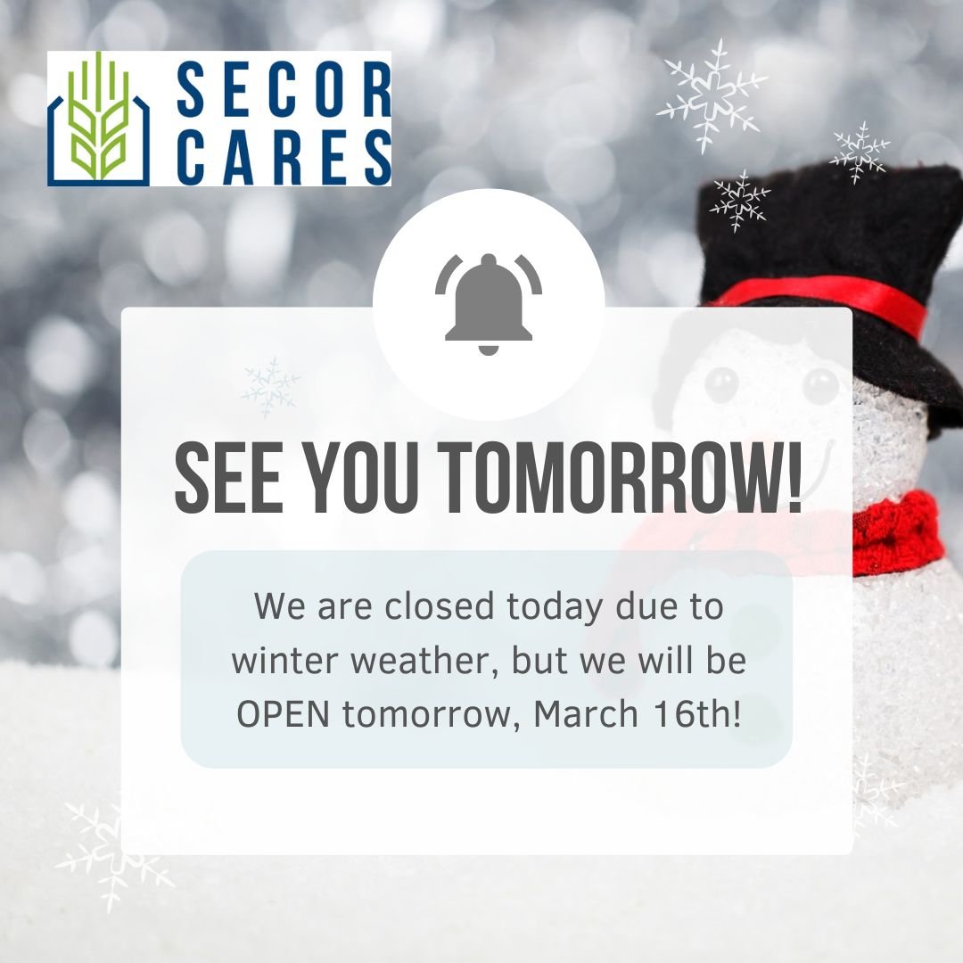 SECOR's market will be open tomorrow for our regular hours! We will offer other options for guests who can&rsquo;t get to us tomorrow. If you have a Saturday appointment, please check your email for more information and next steps. 

Please email deb