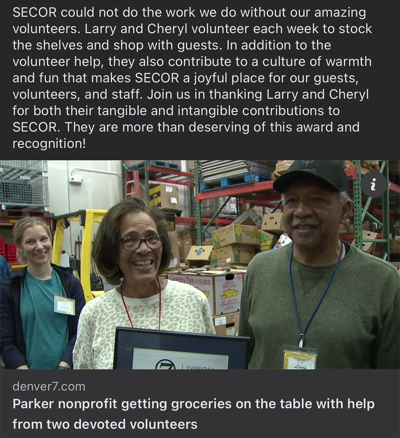 Two of our beloved volunteers were spotlighted as Denver 7&rsquo;s Everyday Heroes. Check out the link in our stories to watch the video!