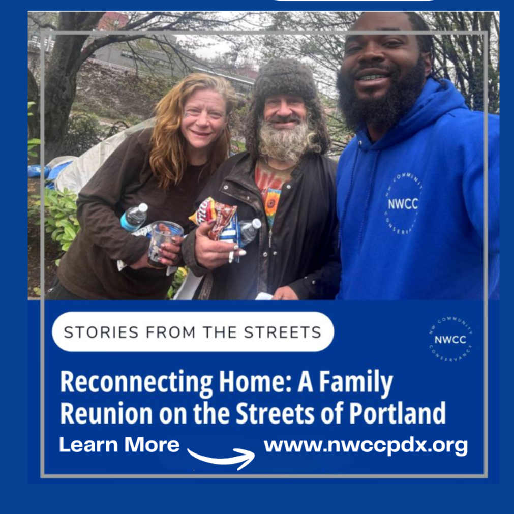 Image of humanitarian worker Terrance an two houseless persons highlighted in the Stories from the Streets in the streets NWCC News