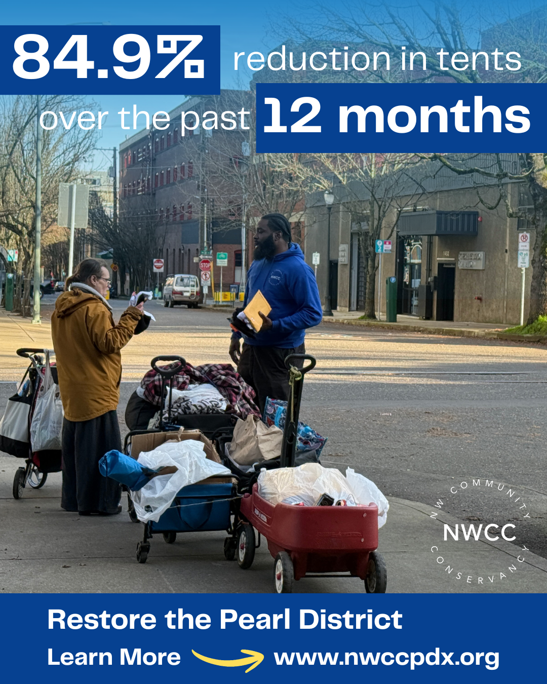 A man and a woman engaging in conversation on a sidewalk next to a street, with carts and bags filled with recyclables and other items, and trees and buildings in the background.