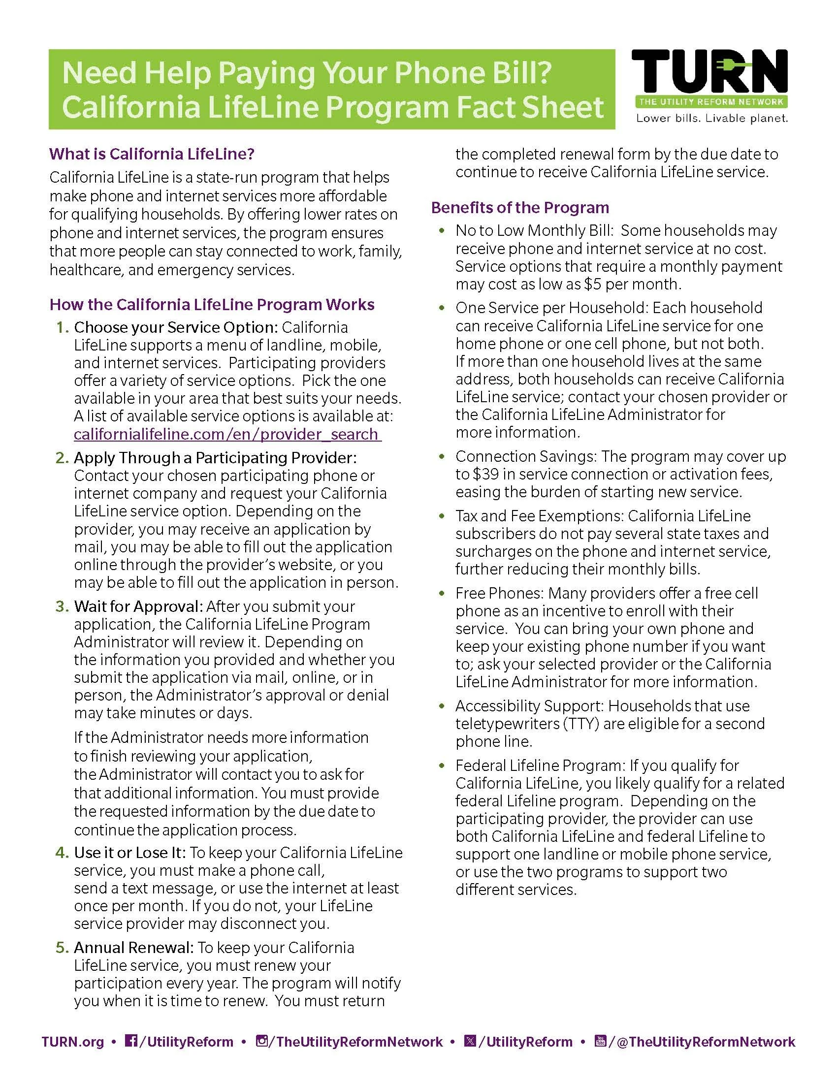 California LifeLine program fact sheet providing details on how the program works, benefits, application process, and eligibility for affordable phone and internet services.