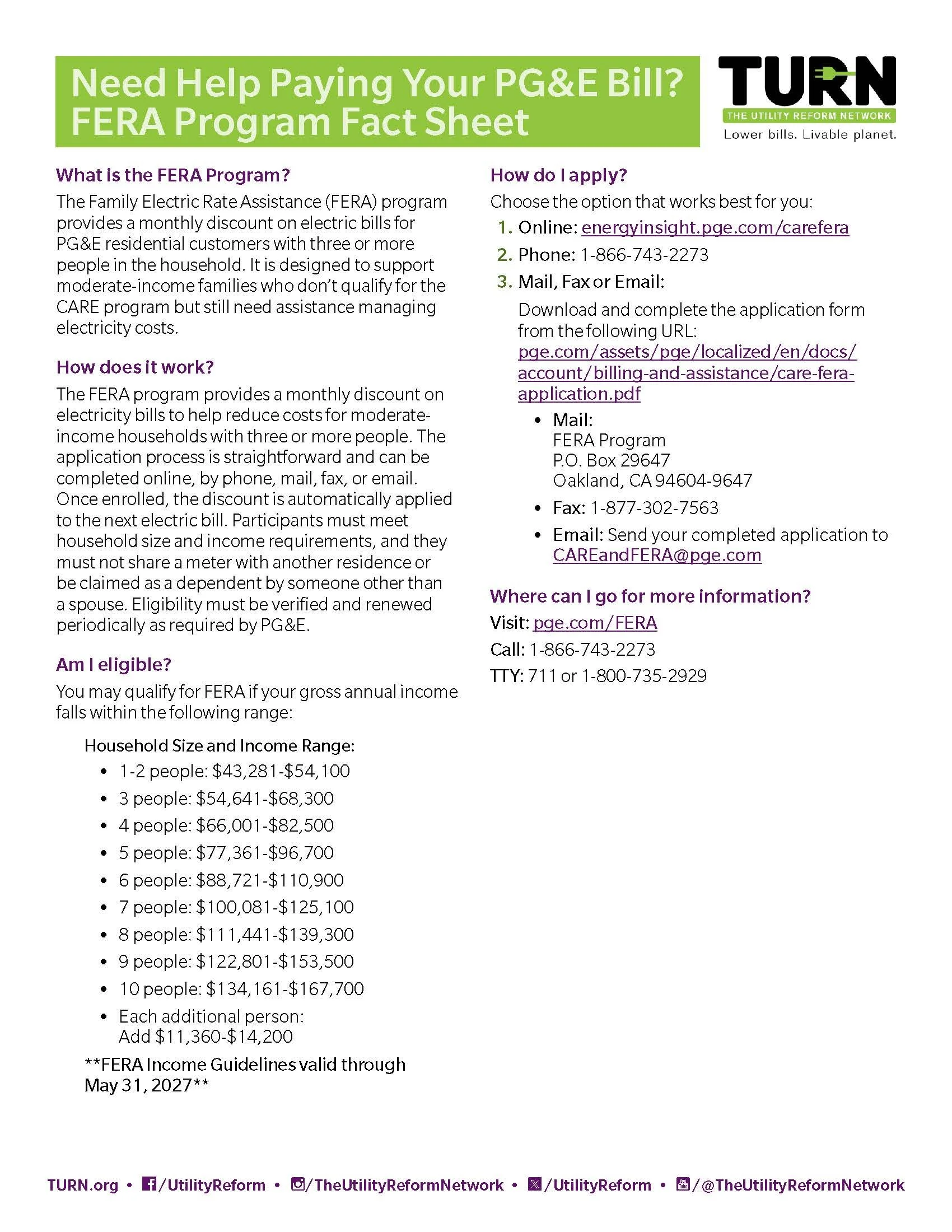 Information flyer about the FERA program providing assistance with PG&E bills, including eligibility, application process, and contact details.