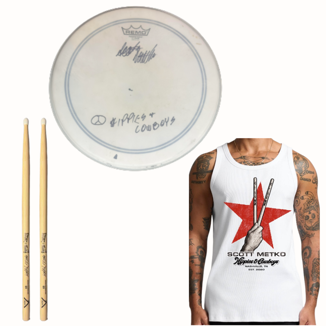 Scott Metko men’s ribbed star tank with drumsticks and signed Hippies & Cowboys drumhead.