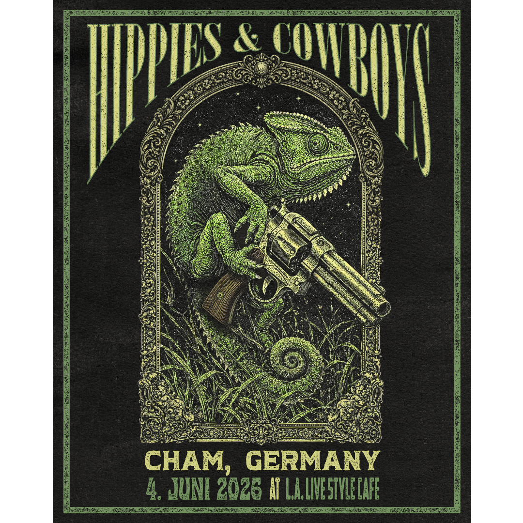 Hippies & Cowboys Cham Germany show poster featuring a green chameleon holding a revolver for the L.A. Live Style Cafe show.