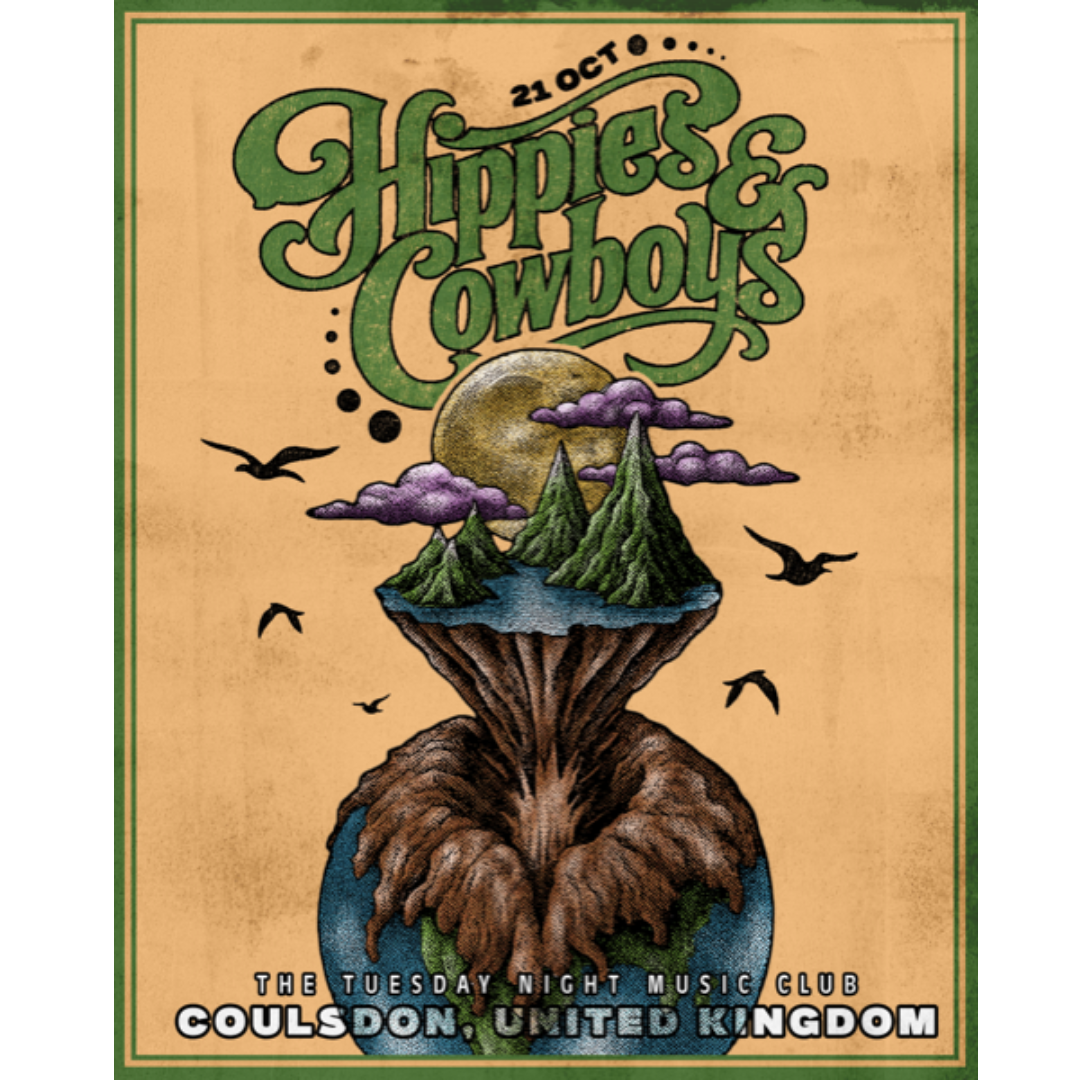 Hippies & Cowboys Coulsdon 2025 poster with surreal mountain island and birds design. (Copy)