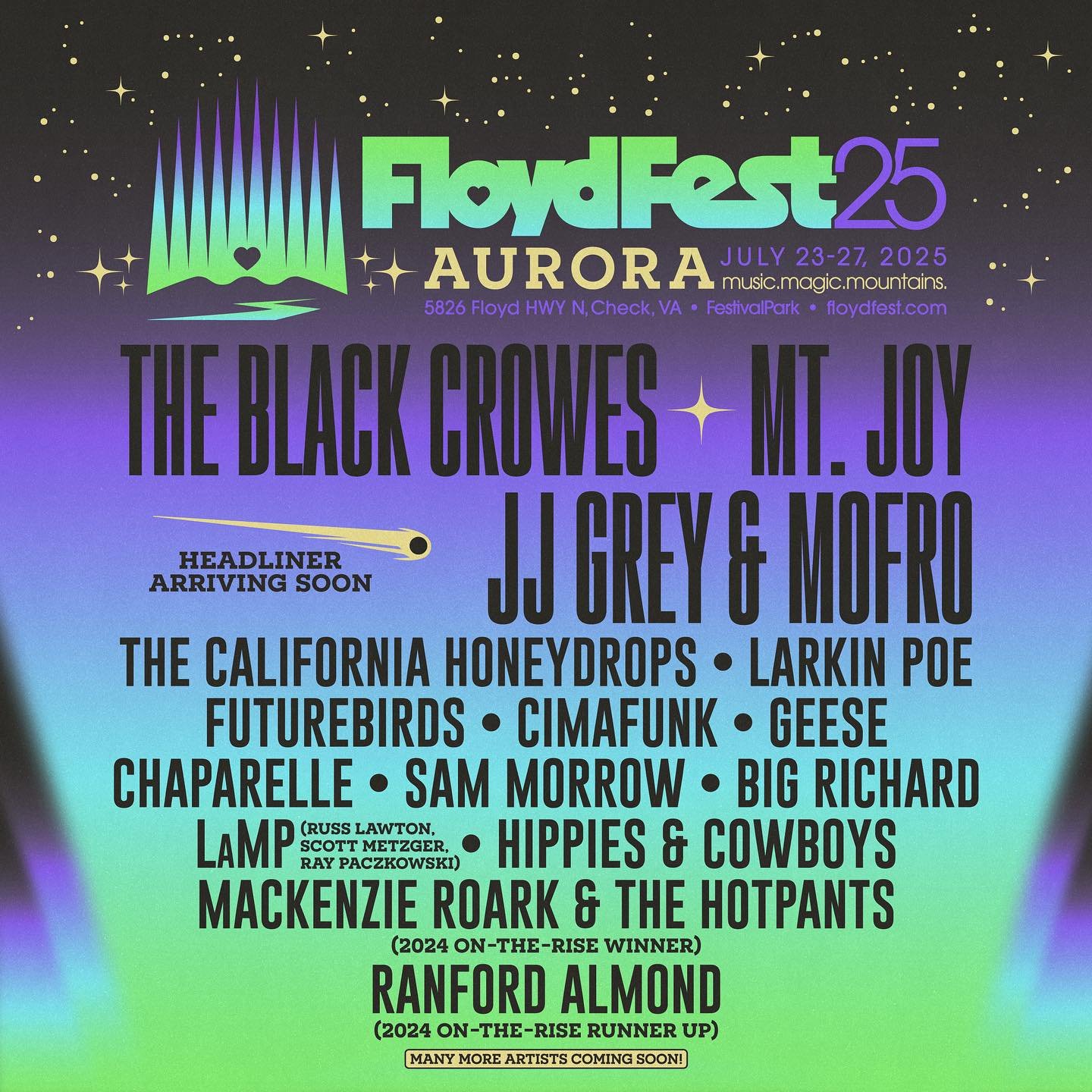 See y&rsquo;all in the magic mountains of Virginia for @floydfestva 2025!! Super excited to share the bill once again with the @theblackcrowes and many other bad ass acts! Looking forward to 2025. 

See y&rsquo;all next week in Florida for the second