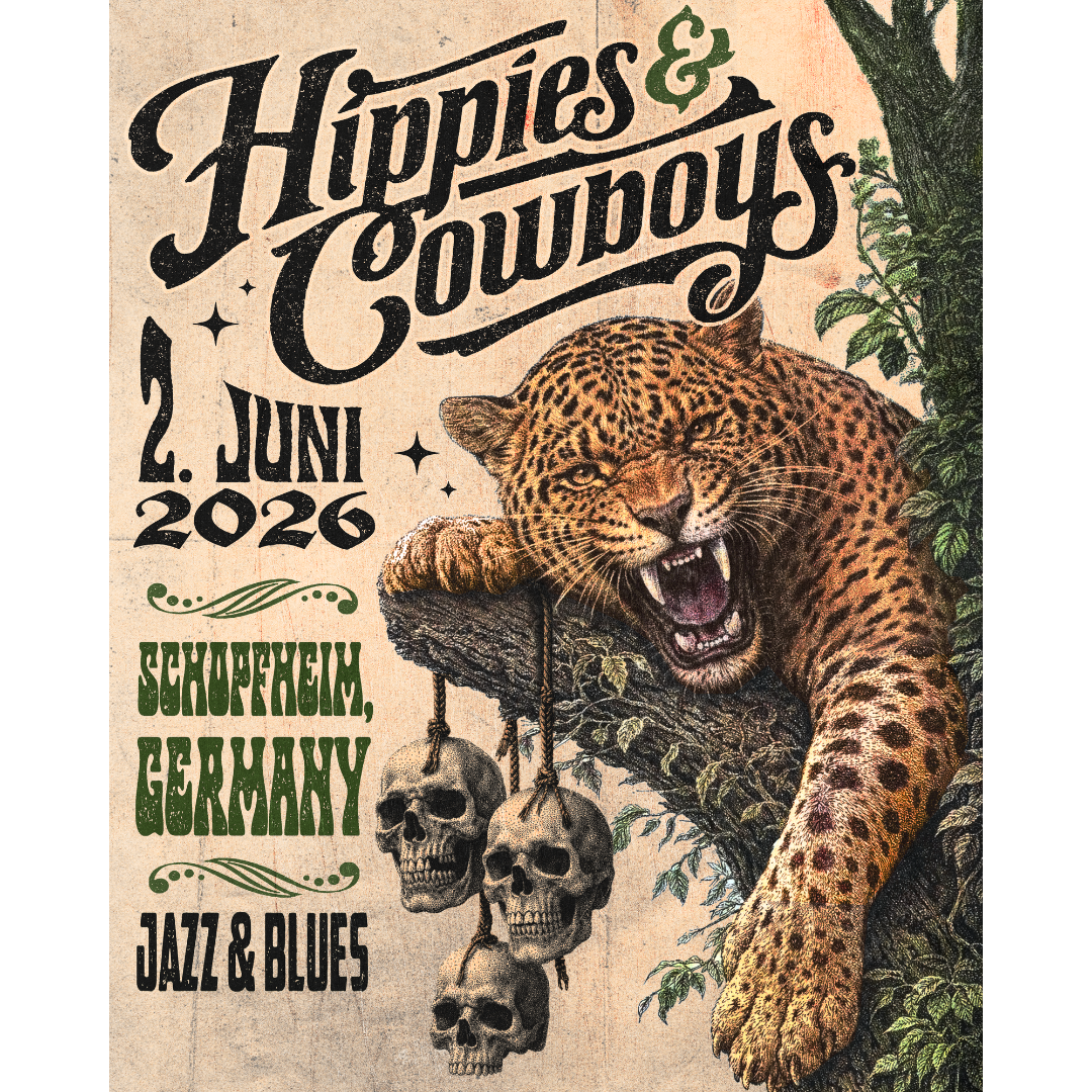 Hippies & Cowboys Schaffhausen Germany show poster featuring a leopard, hanging skulls, and jungle artwork for Jazz & Blues.