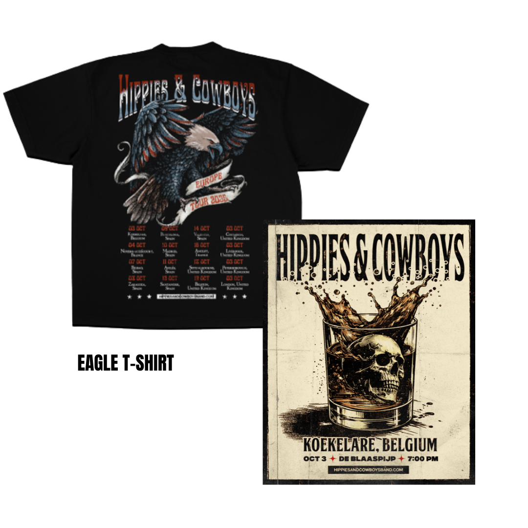 Hippies & Cowboys Eagle Tour T-Shirt featuring 2025 Europe dates and eagle graphic on back, shown with whiskey glass skull poster from Koekelare, Belgium show. Limited edition bundle.