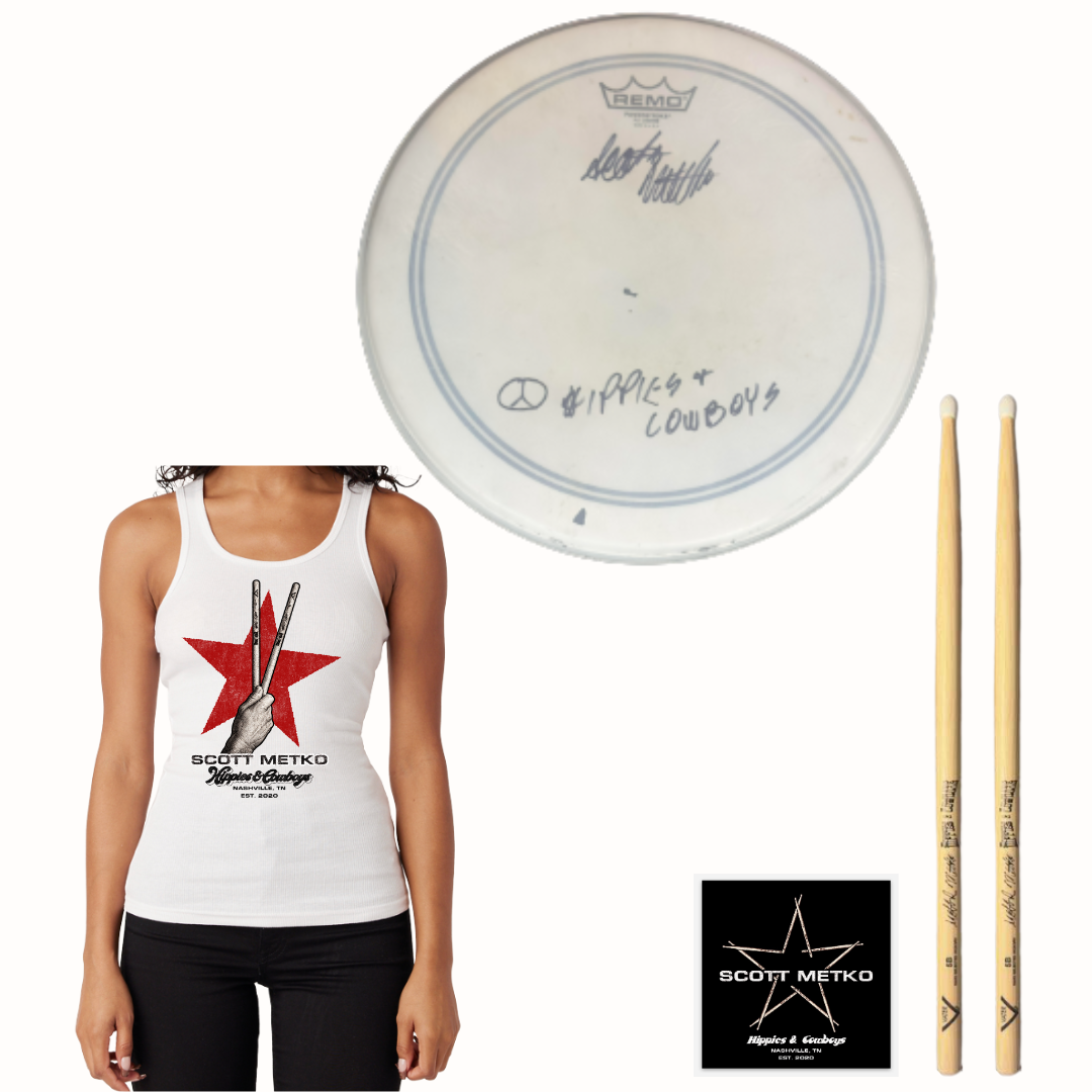Scott Metko women's white ribbed star tank top featuring red star and drumstick artwork, paired with signed Hippies & Cowboys drumhead, signature drumsticks, and logo sticker.