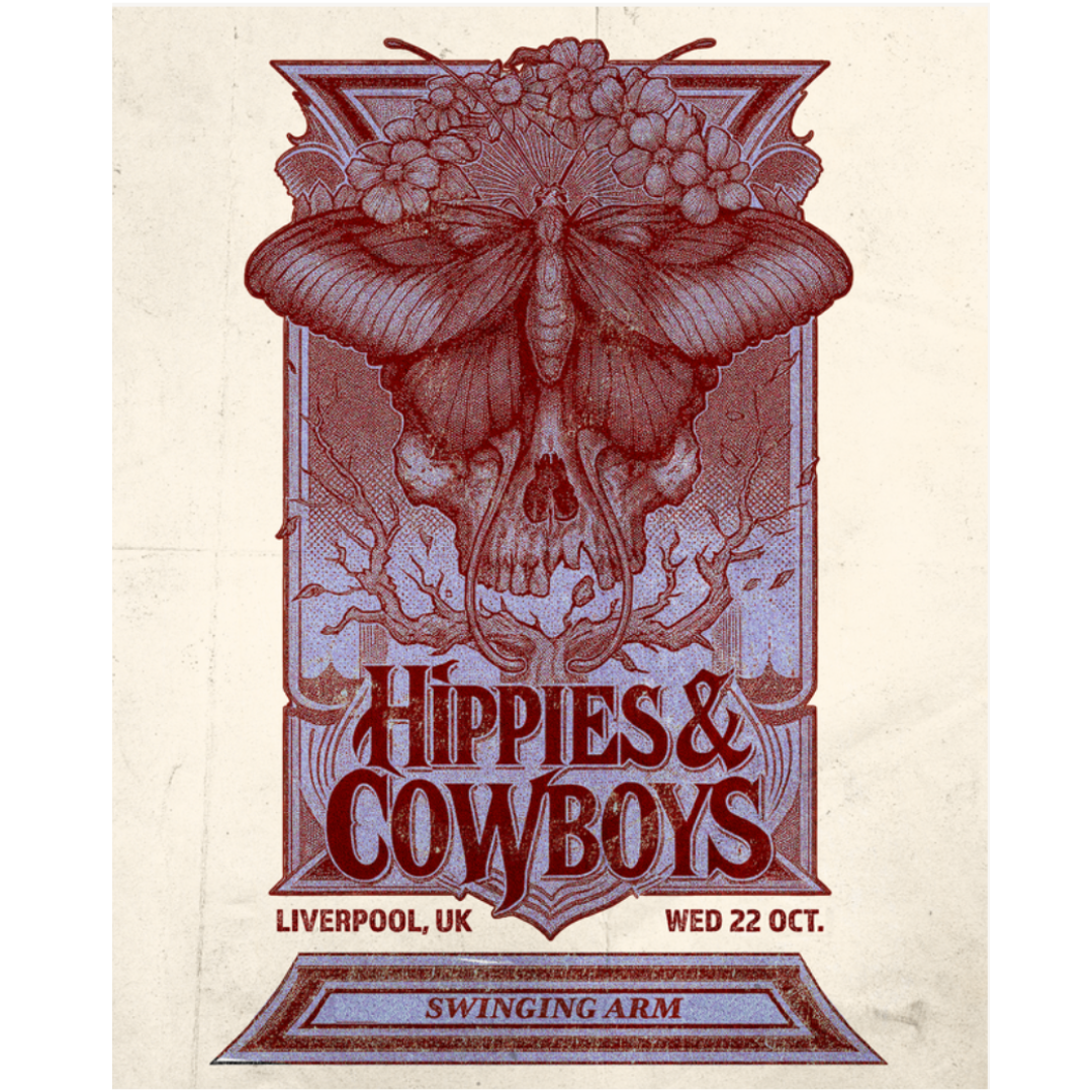 Hippies & Cowboys Liverpool 2025 poster with butterfly and skull artwork in red tones. (Copy)