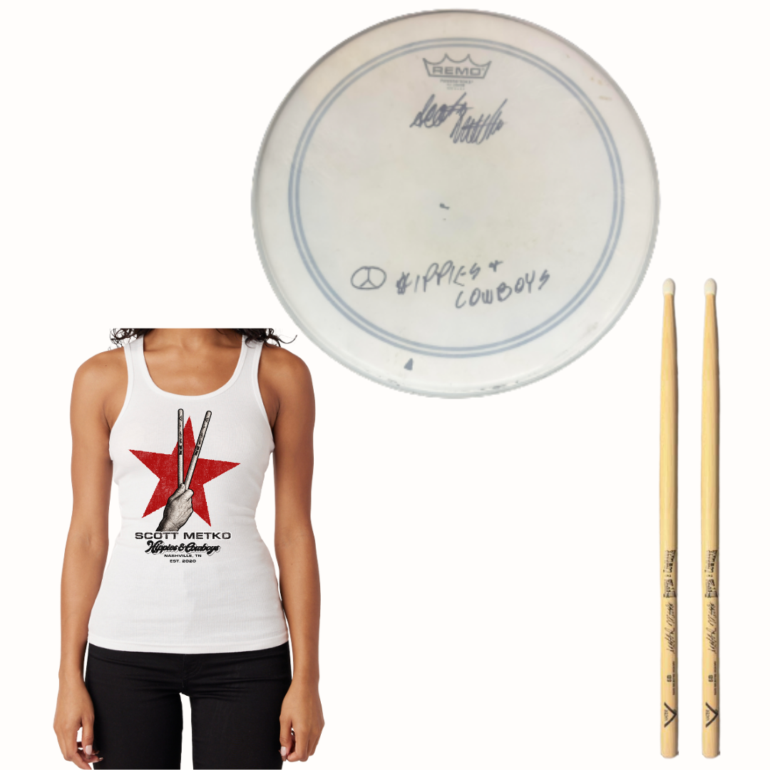 Scott Metko women’s ribbed star tank with drumsticks and signed Hippies & Cowboys drumhead.